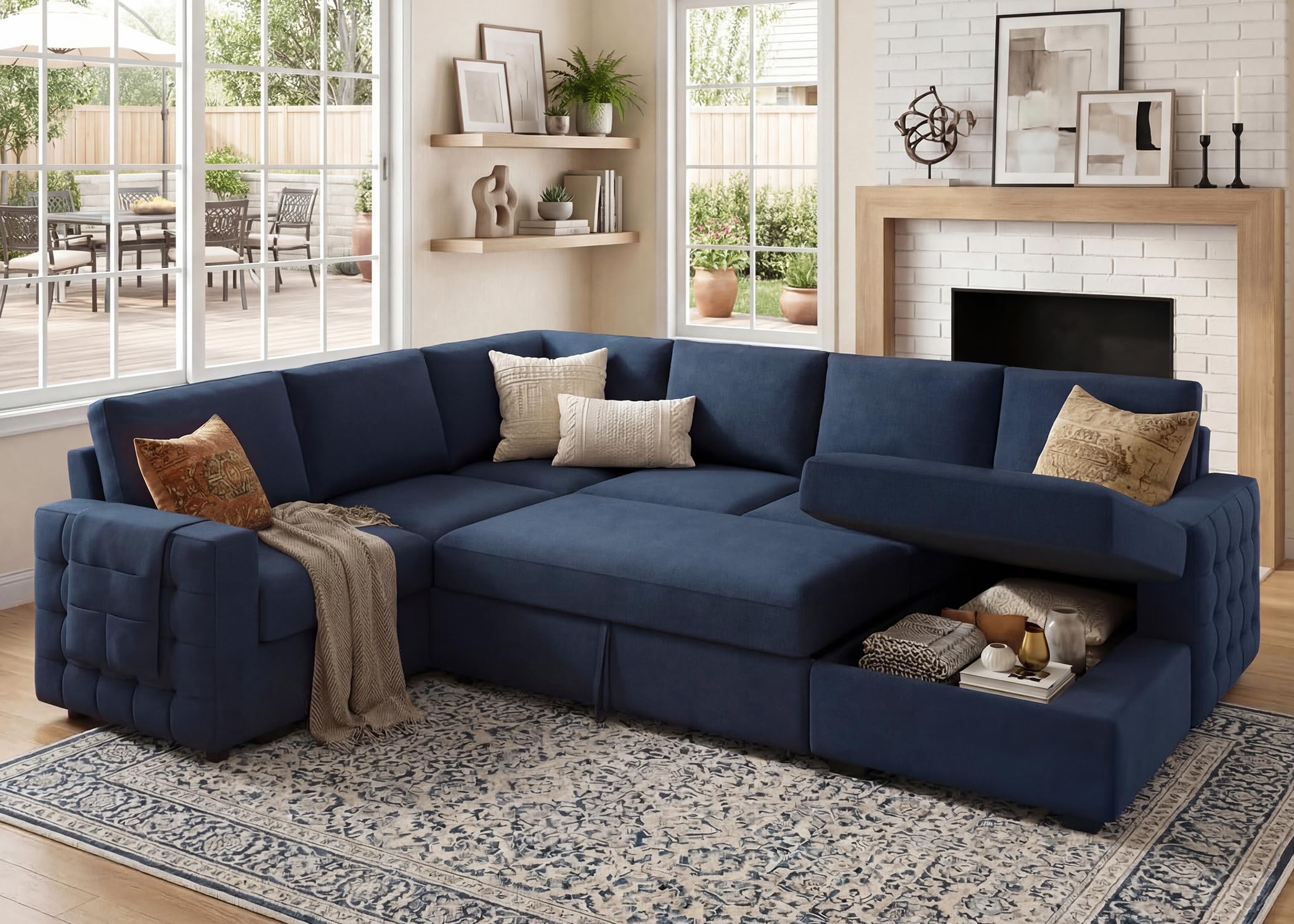 HONBAY Sectional Sleeper Sofa with Pull Out Bed U-Shape Sectional Couch Sleeper Bed with Storage Chaise 6 Seater Sleeper Sectional Sofa, Light Grey Gronata