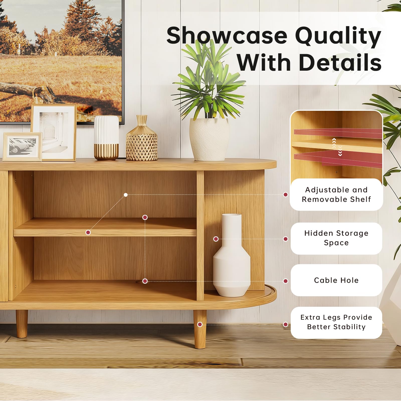 OneBlis 70" Mid Century Modern TV Stand, Wood TV Consoles with Sliding Doors and Power Outlet, Entertainment Center with Adjustable Shelves, Fluted TV Stands for Living Room, Walnut Gronata