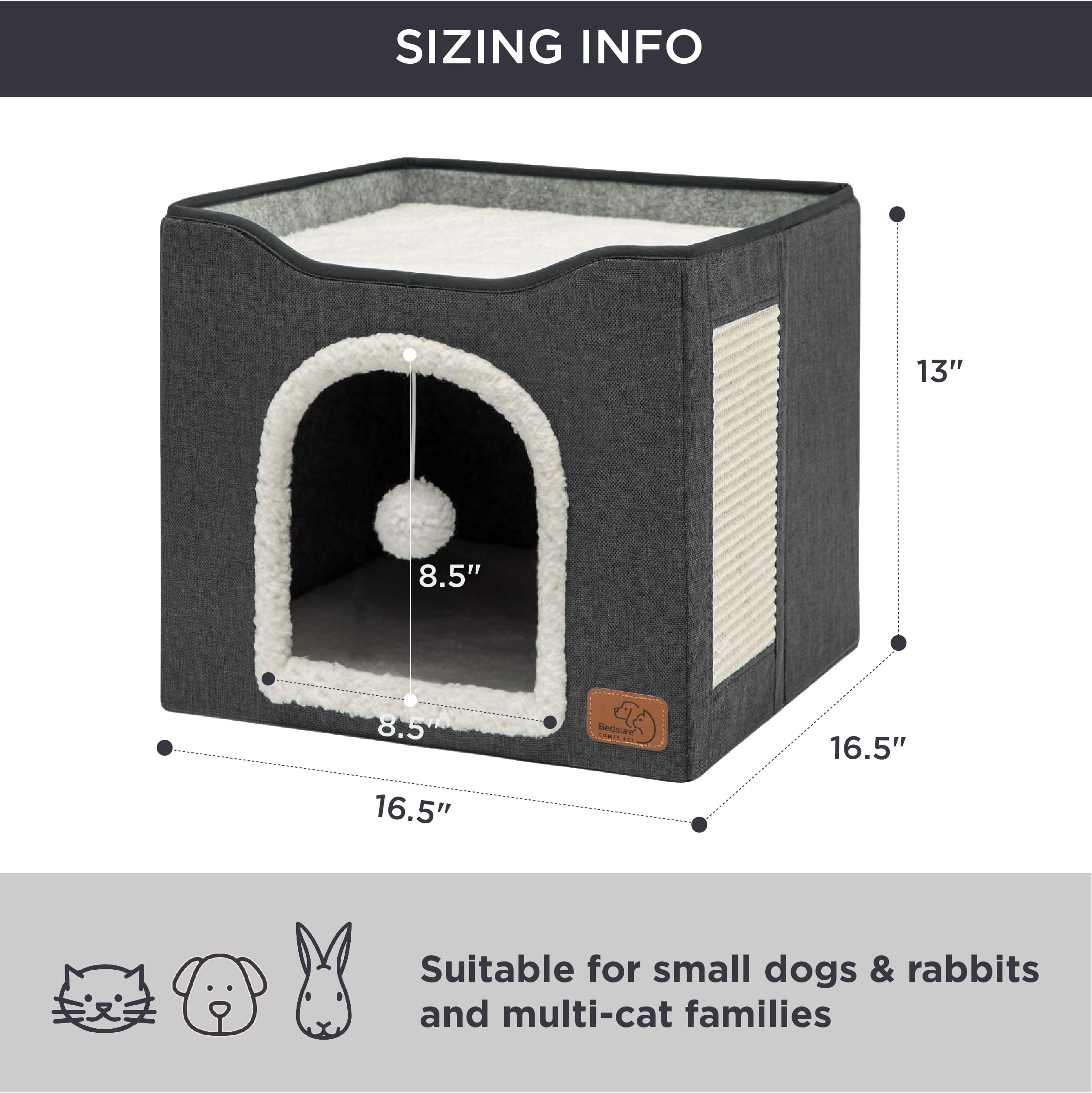 Bedsure Cat Beds for Indoor Cats - Large Cat Cave for Pet Cat House with Fluffy Ball Hanging and Scratch Pad, Foldable Cat Hideaway, 16.5x16.5x13 inches, Grey Gronata