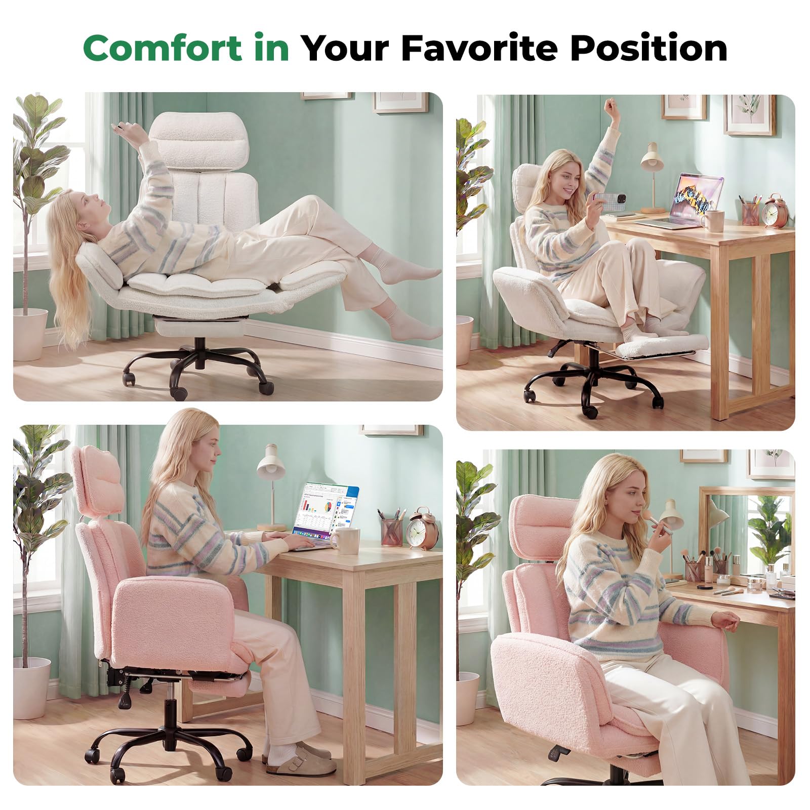 HOMRELEXA Criss Cross Office Chair with Armrests & Wheels, Comfy Velvet Vanity Chair, Ergonomic Executive Gaming Computer Chairs with Foot Rest, Wide Seat Reclining Desk Chair, White Gronata
