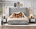 Jocisland Queen Size Bed Frame 61.4" Extra Tall Wingback Headboard Velvet Upholstered Deep Button Tufted Platform Bed with Solid Wood Legs & Wood Slats, No Box Spring Needed, Black Gronata