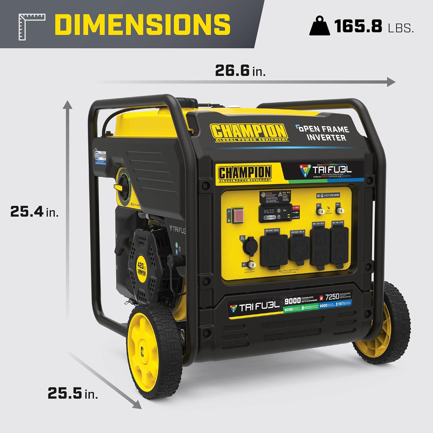 Champion Power Equipment 9000-Watt Electric Start Tri Fuel Home Backup Portable Open Frame Inverter Generator with Quiet Technology and CO Shield Gronata