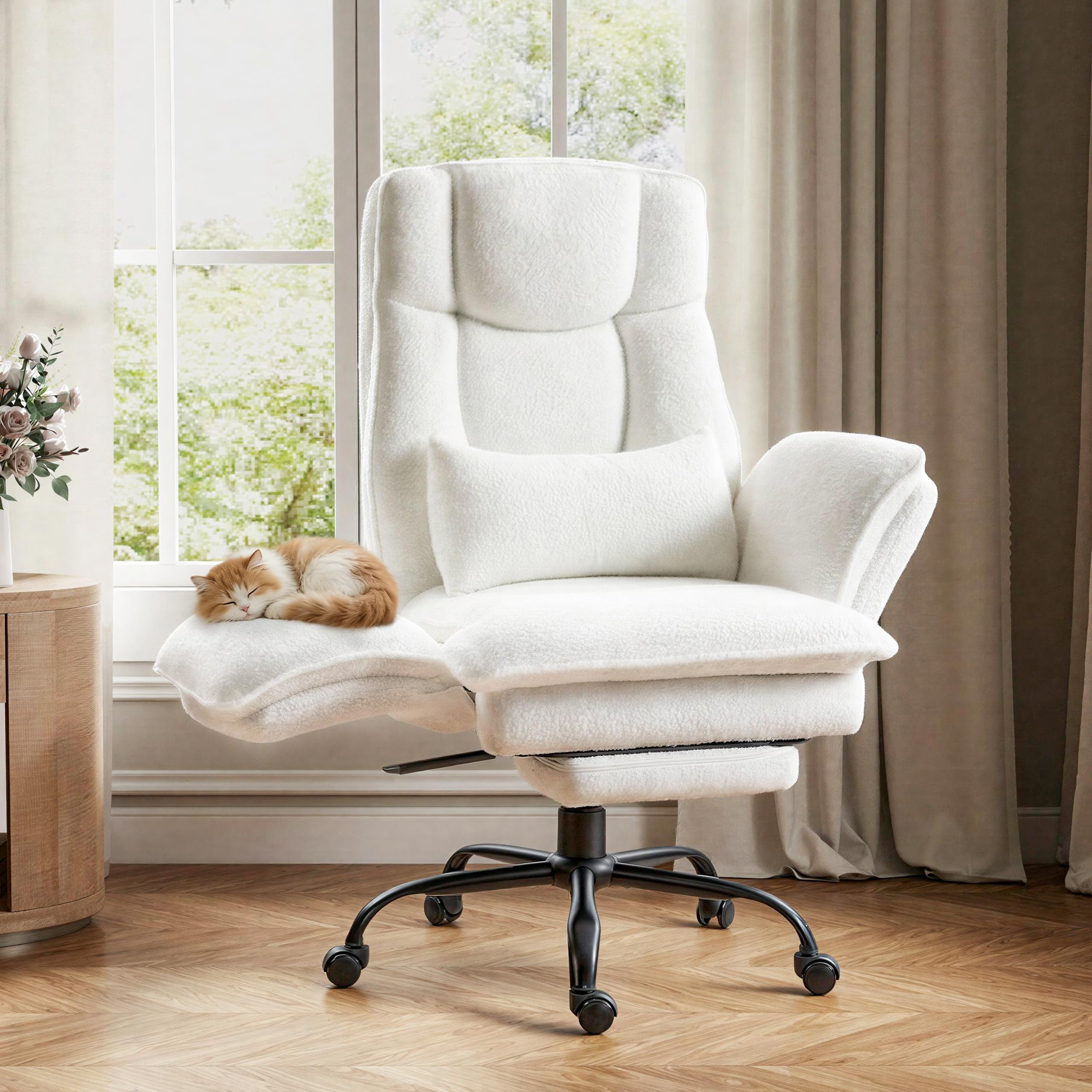 Office Chair,Big and Tall Heavy-Duty Executive Reclining Computer Gaming Chair with Footrest,Flip Armrests,Lumbar Pillow&Thicken Wider Seat for Criss Cross Legged Desk Vanity Chair,Teddy Fabric White Gronata