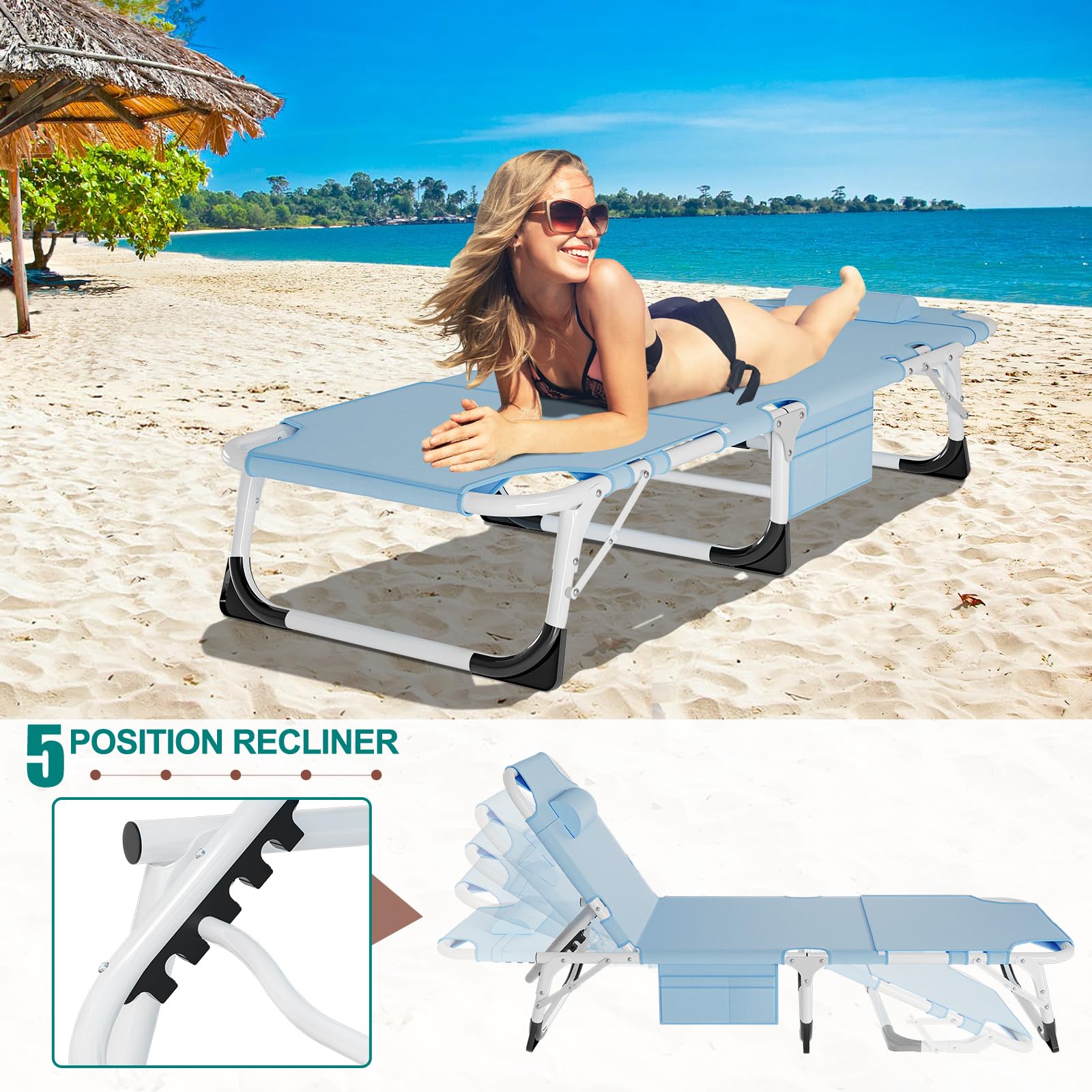 DoCred Heavy Duty Chaise Lounge Chair, Adjustable 5-Position Folding Chaise Lounge Chairs for Outside, Portable Lay Flat Beach Lounge Chair for Outdoor Sunbathing Beach Pool Lawn Camping Gronata