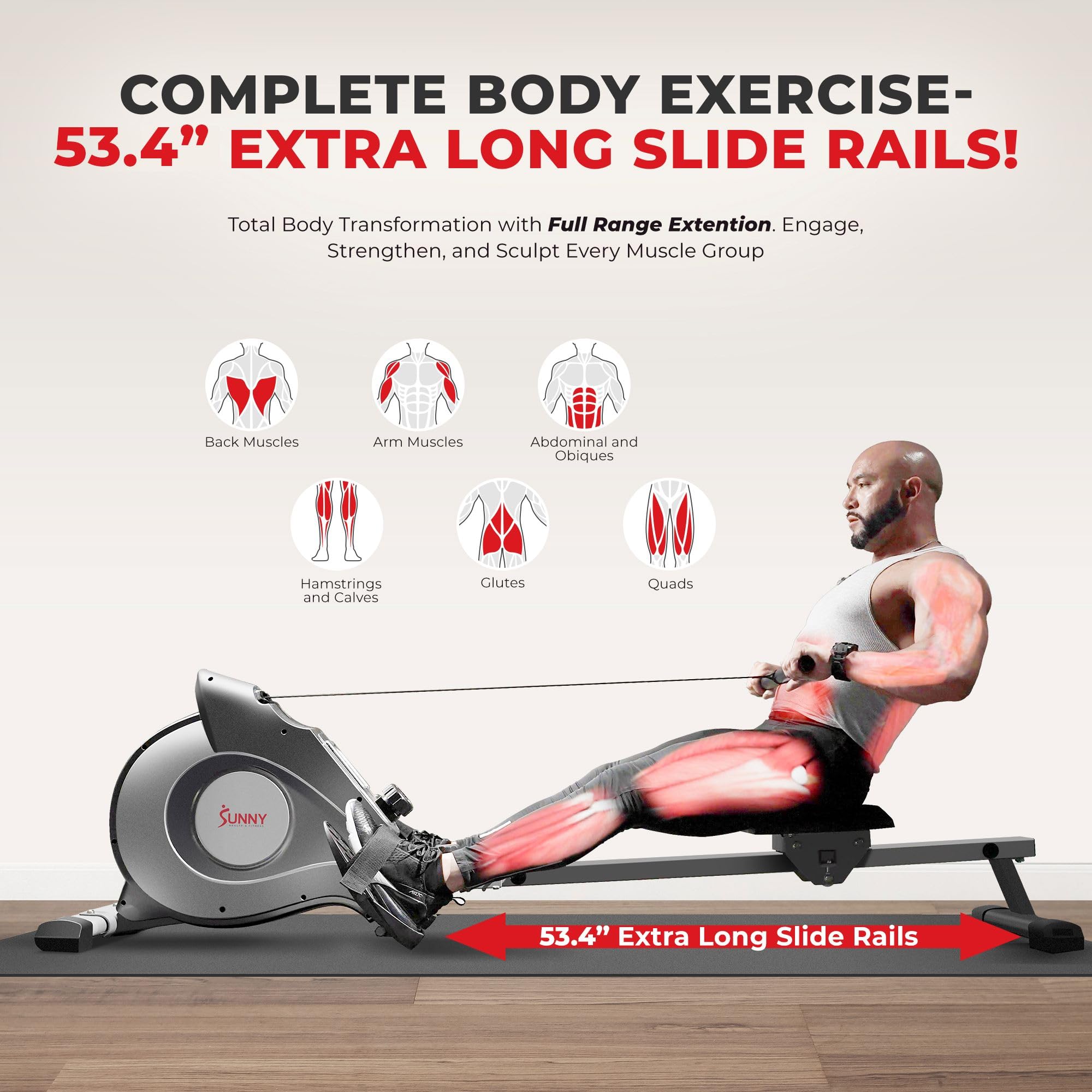Sunny Health & Fitness Flip & Foldable Rowing Machine for Home w/Extended Slide Rail, Full-Body Workout, Low-Impact, Optional Extra Long Rail, Quiet Rail Cover, Water Motion and Free SunnyFit App Gronata