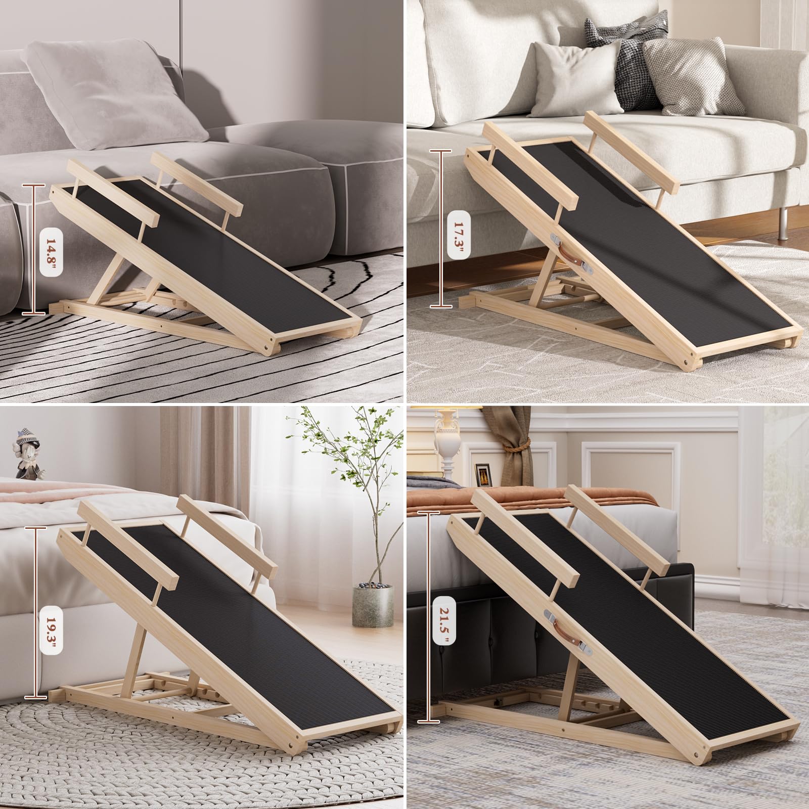 Chuiendi Dog Ramp for High Bed, Couch, Car, Pet Ramps 55.12" Long Adjustable 19.3"-27.17" Wooden Dog Step with Anti-slip Rubber Mat & Safety Side Rails for Small Medium Large Older Pets, up to 250 lbs Gronata