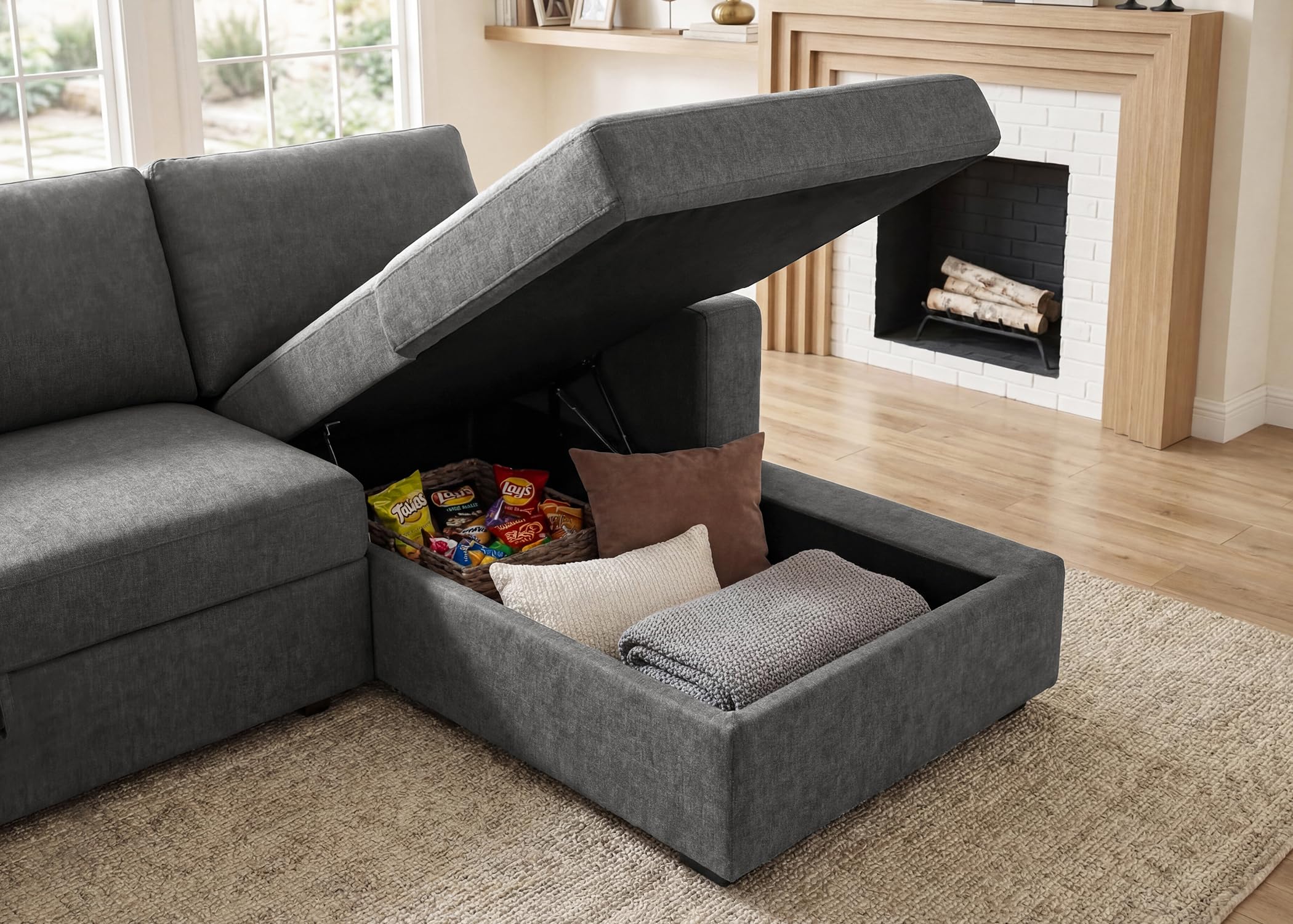 HONBAY Sectional Sleeper Sofa with Pull Out Bed U-Shape Sectional Couch Sleeper Bed with Storage Chaise 6 Seater Sleeper Sectional Sofa, Light Grey Gronata
