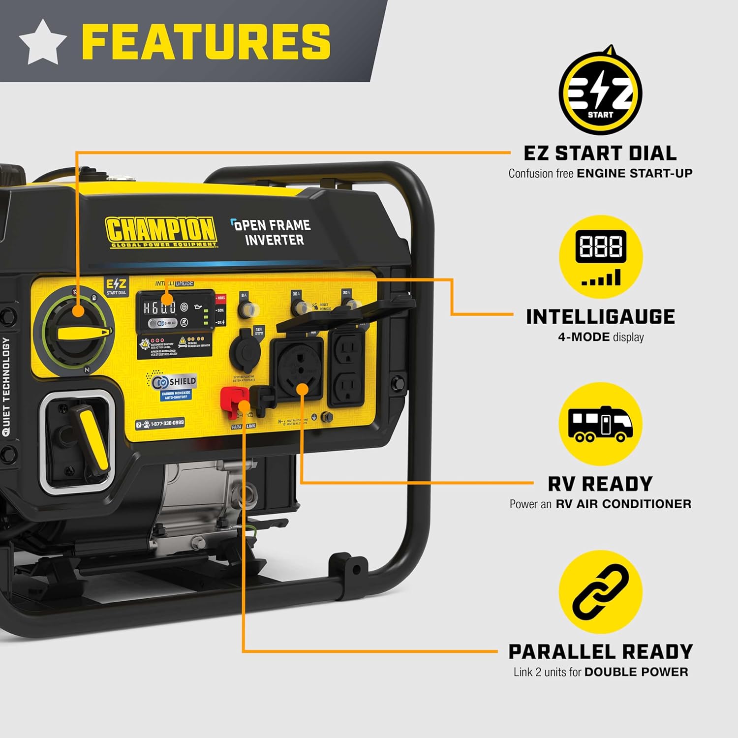 Champion Power Equipment 5500-Watt RV Ready Portable Open Frame Inverter Generator with Quiet Technology and Free 3-Year Warranty, CARB Compliant Gronata