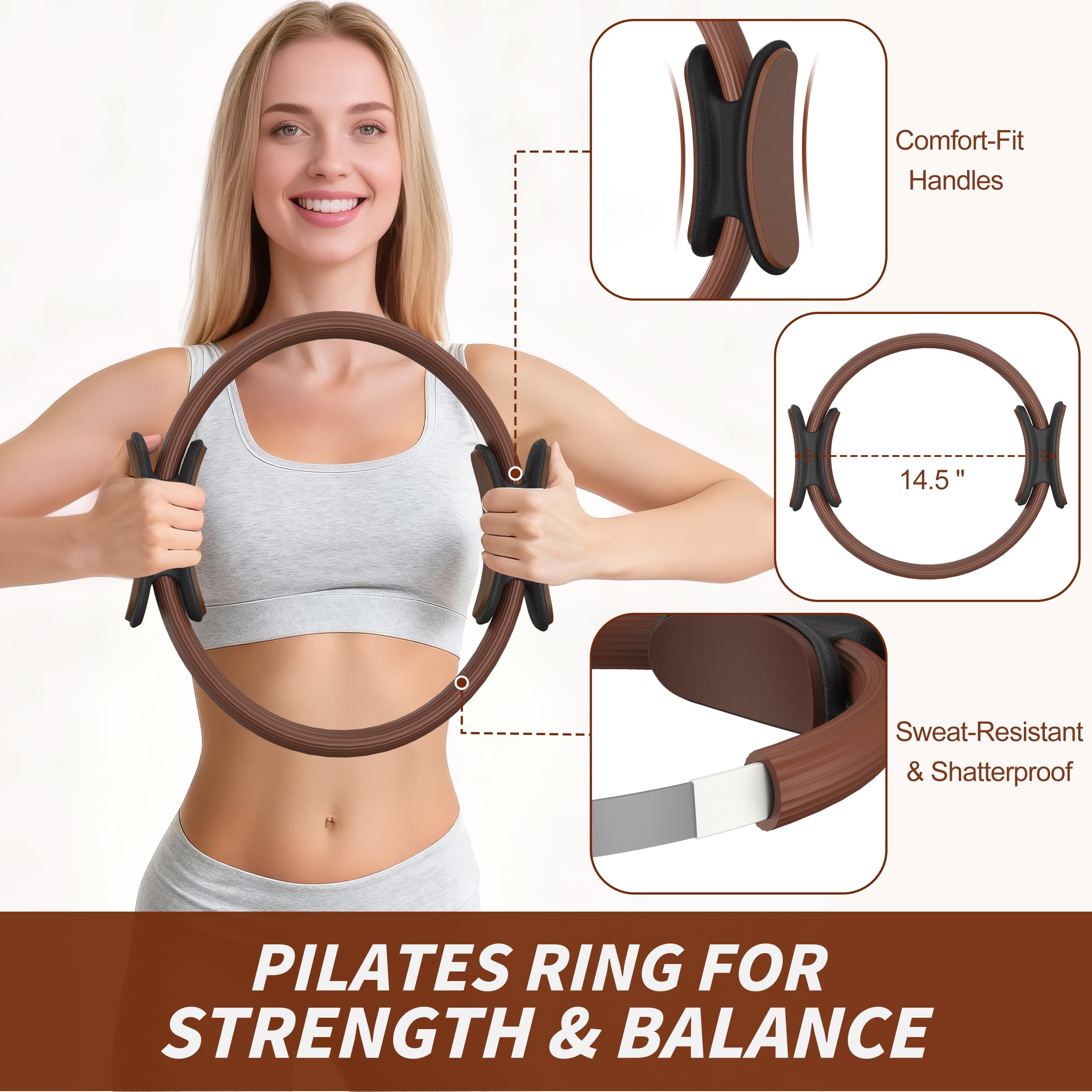NANATI Pilates Kit 19PCS,Pilates Essentials Kit for Women,Pilates Equipment with 14.5" Pilates Ring and Ball,8 Resistance Bands,Ankle Weights,Sliders & Grip Socks Accessories for Starter Home Workouts Gronata