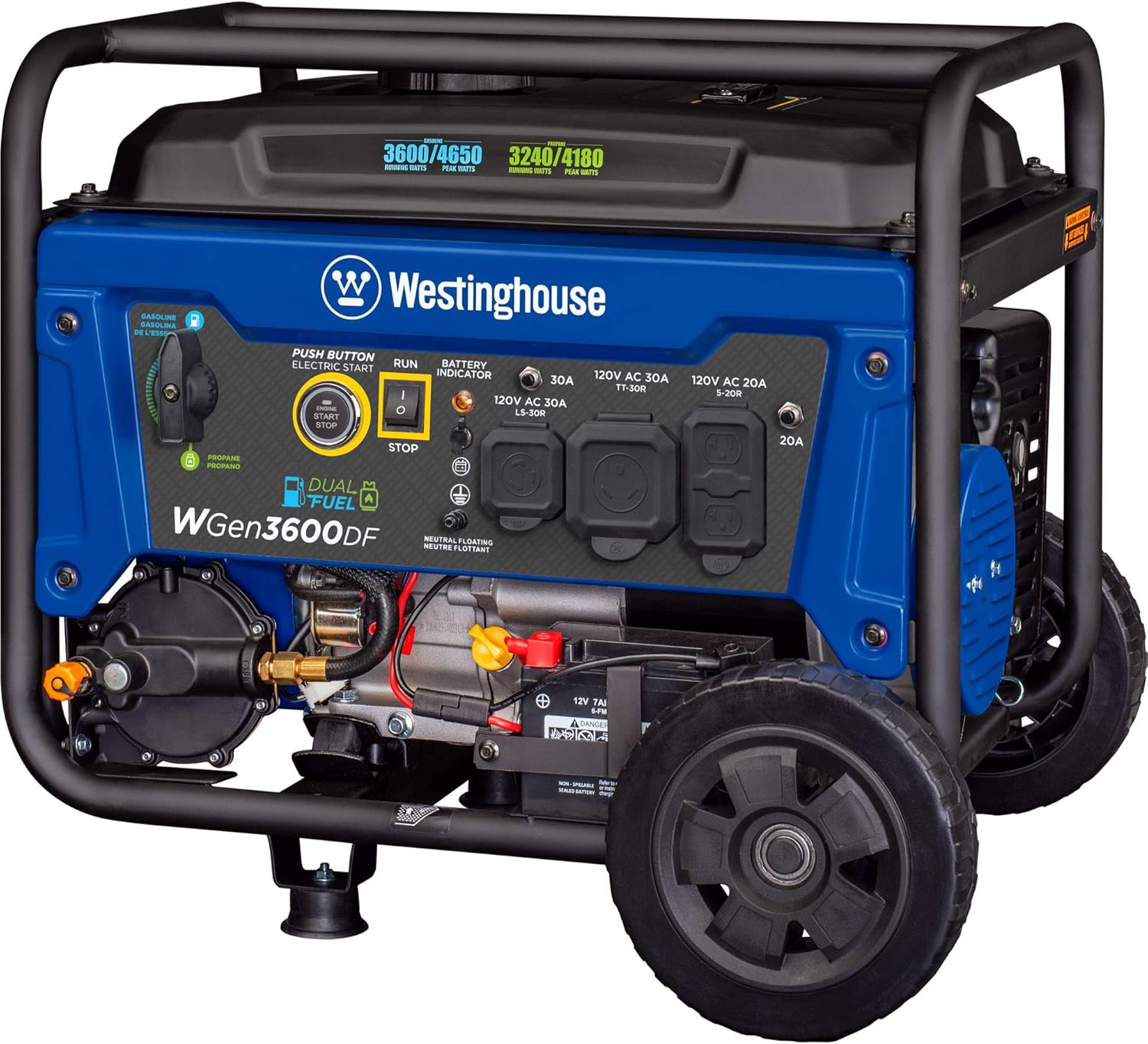 Westinghouse 4650 Peak Watt Dual Fuel Portable Generator, Remote Electric Start with Auto Choke, RV Ready 30A Outlet, Gas & Propane Powered Gronata