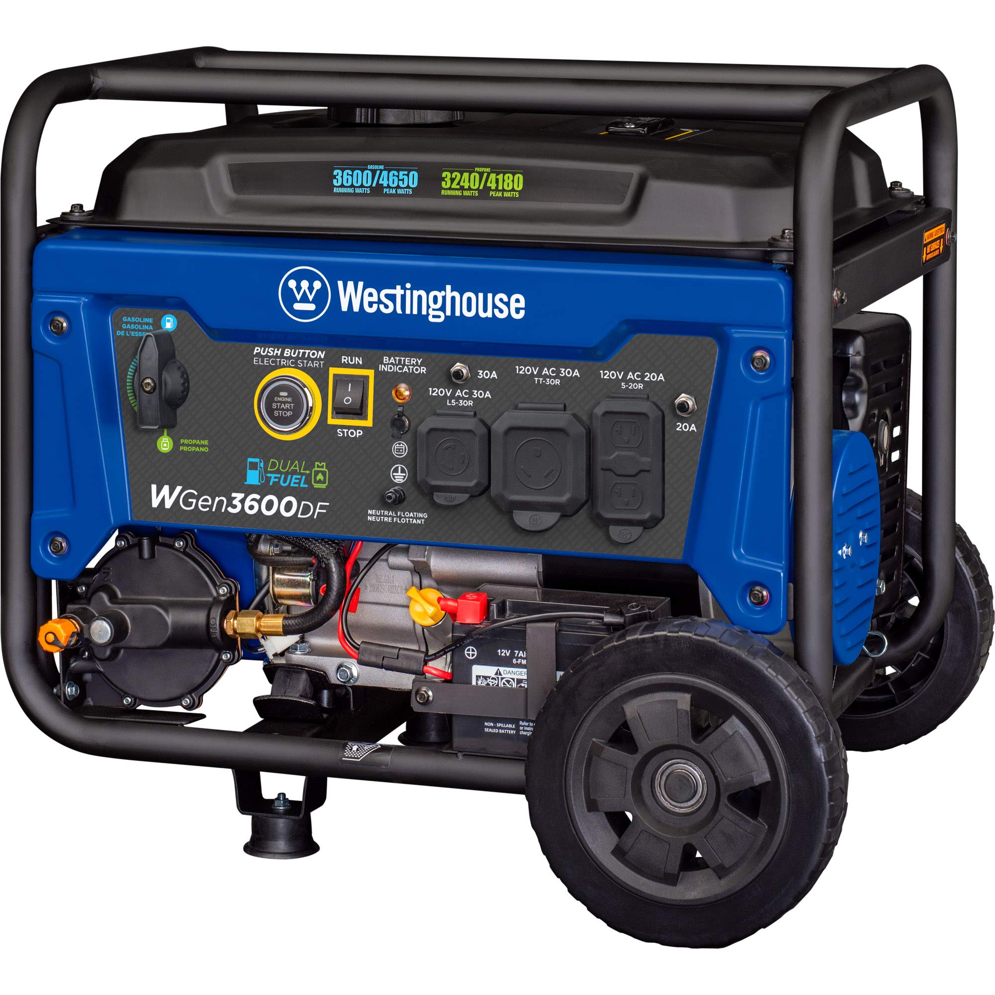 Westinghouse 4650 Peak Watt Dual Fuel Portable Generator, Remote Electric Start with Auto Choke, RV Ready 30A Outlet, Gas & Propane Powered, CO Sensor Gronata