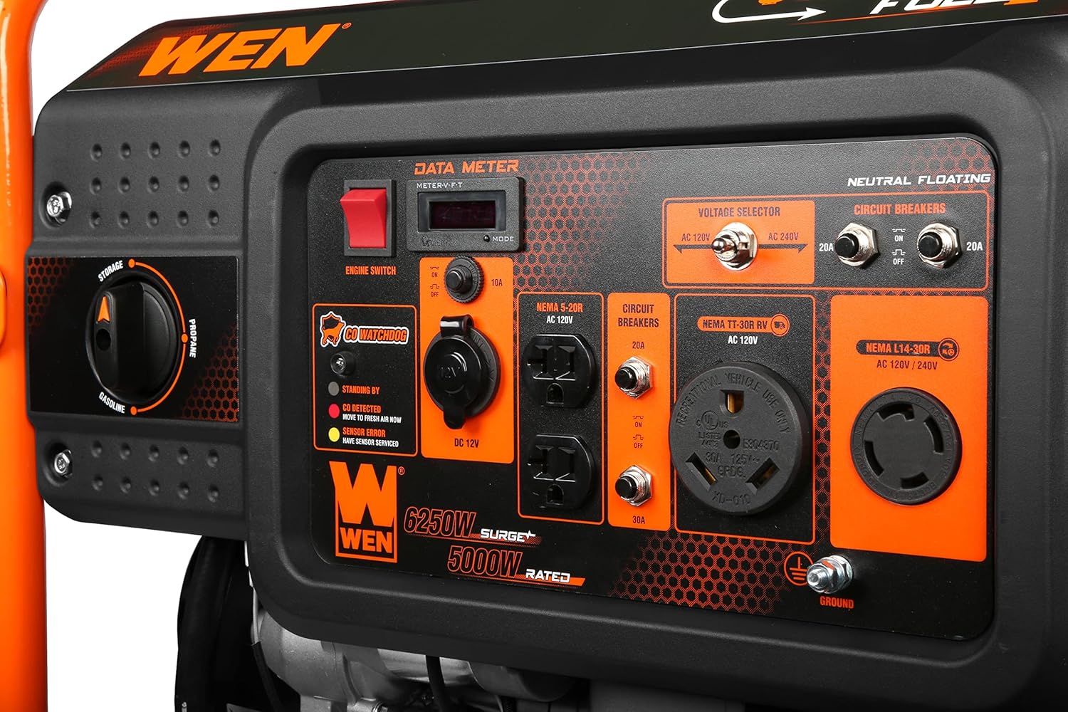 WEN DF623X 6250-Watt 120-Volt/240-Volt Dual Fuel Electric Start Portable Generator with Wheel Kit and CO Shutdown Sensor, Black Gronata