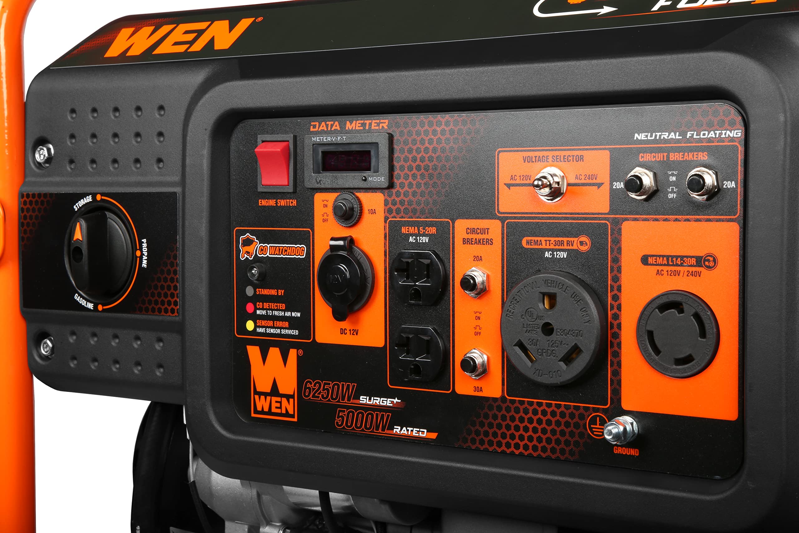 WEN DF623X 6250-Watt 120-Volt/240-Volt Dual Fuel Electric Start Portable Generator with Wheel Kit and CO Shutdown Sensor, Black Gronata