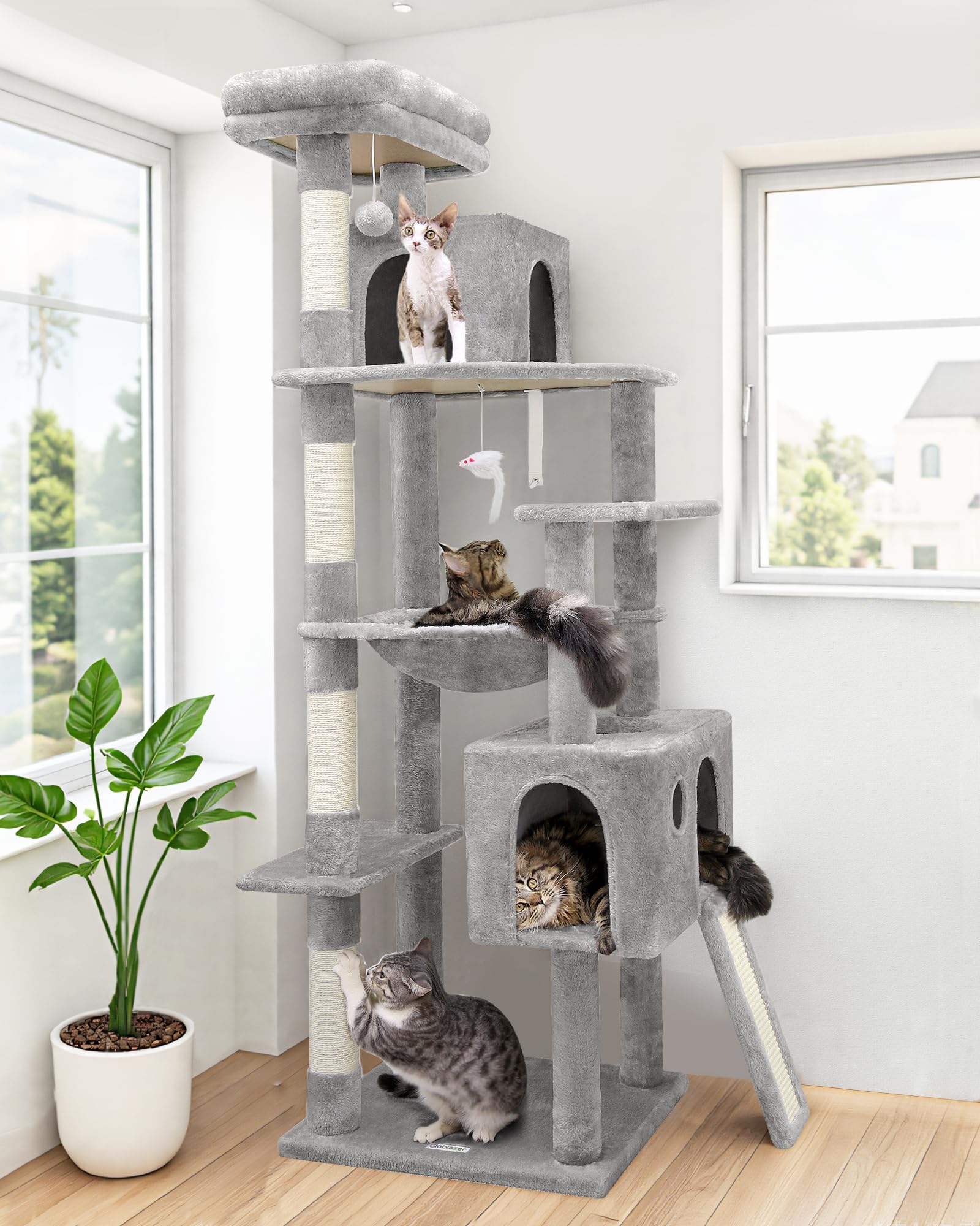 Globlazer Heavy Duty Cat Tree, 70 inch Sturdy Cat Tree for Indoor Cats Extra Large Cat Tower with Scratching Post, Hammock, Cat Condo for Adult Cats Kittens, F70 Pro, Light Grey Gronata