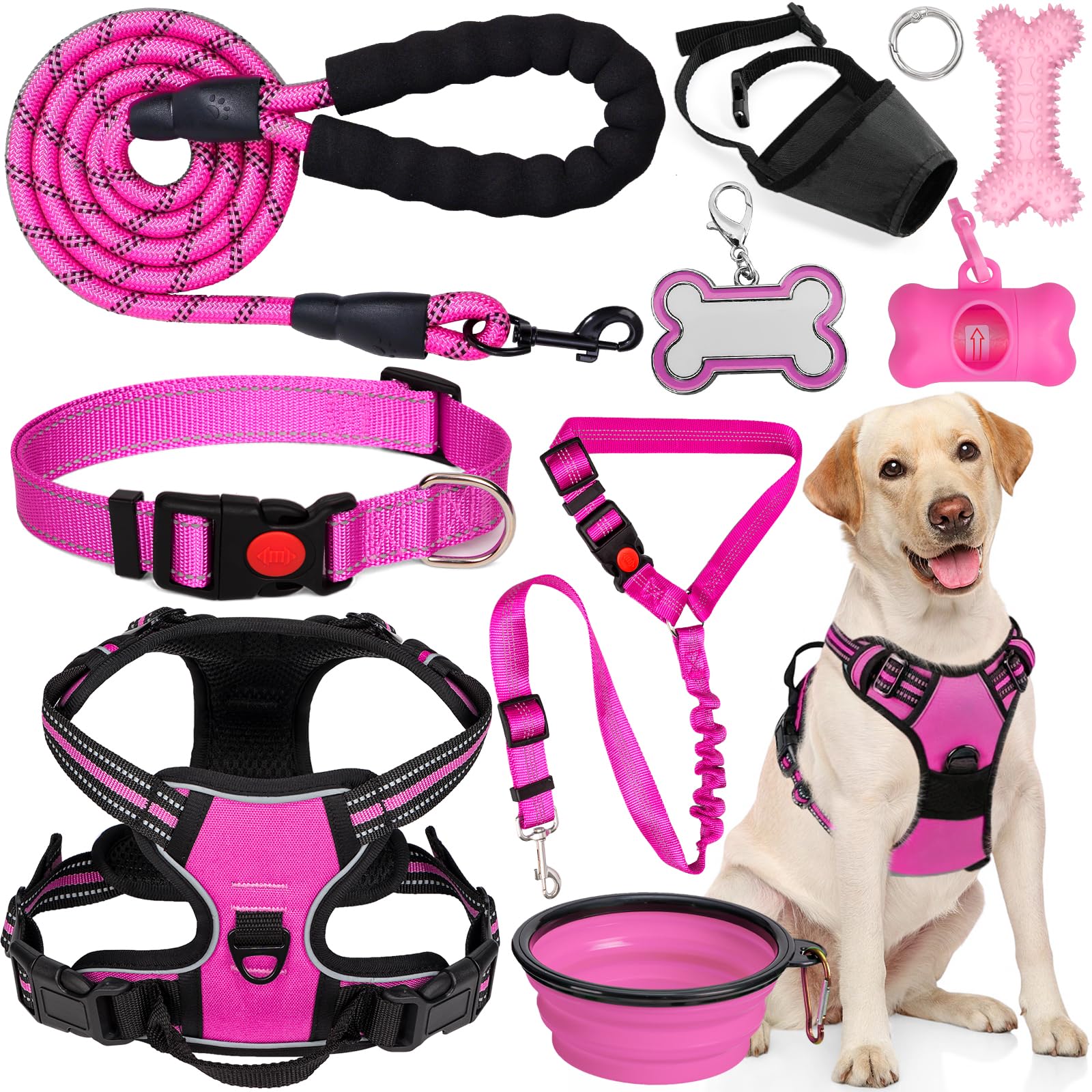 YXFDOYT No Pull Dog Harness Adjustable Collar & Leash Set - Dog Halter Harnesses Collapsible Bowls & Poop Bag Dispenser Muzzle ID Tags Toys Fits Small Medium Large Dogs (Pink-L) Gronata