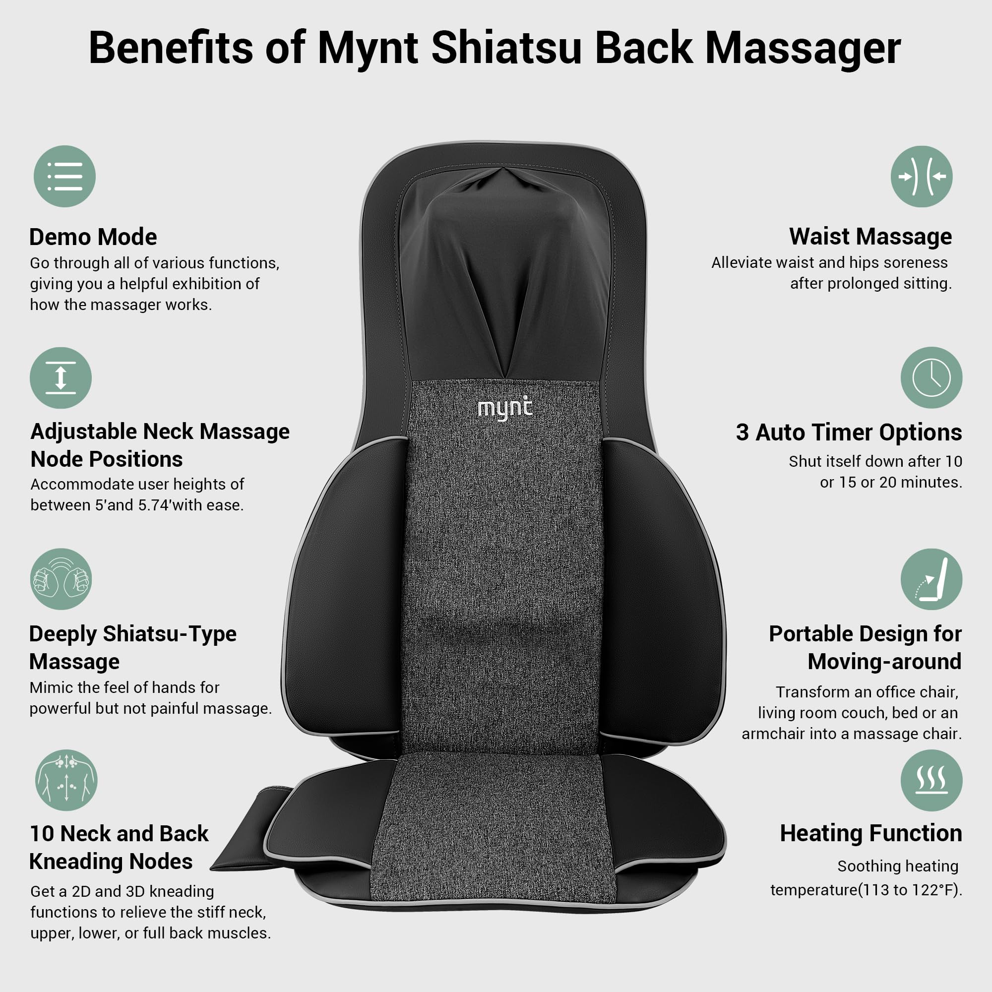 Mynt FSA Eligible HSA Approved Shiatsu Neck and Back Massager for Chair with 10 Deep Kneading Nodes, 2D & 3D Back Massage with Heat, Portable Spot Massage Chair Pad (Black) Gronata