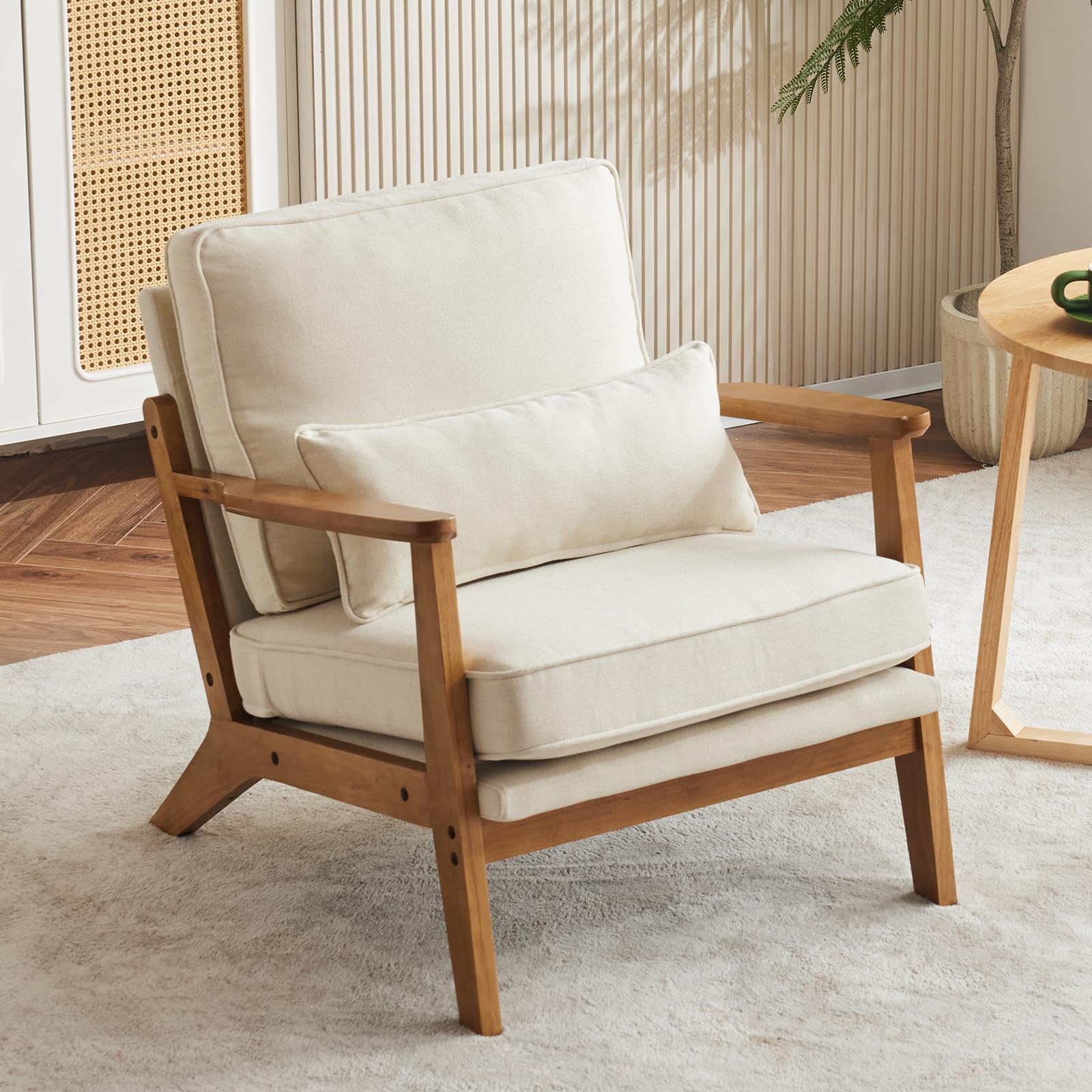 Karl home Accent Chair Wide Armrest Mid-Century Lounge Chair Linen Fabric Armchair with Lumbar Pillow & Solid Wood Frame for Living Room, Bedroom, Balcony, Green Gronata
