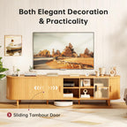 OneBlis 70" Mid Century Modern TV Stand, Wood TV Consoles with Sliding Doors and Power Outlet, Entertainment Center with Adjustable Shelves, Fluted TV Stands for Living Room, Walnut Gronata