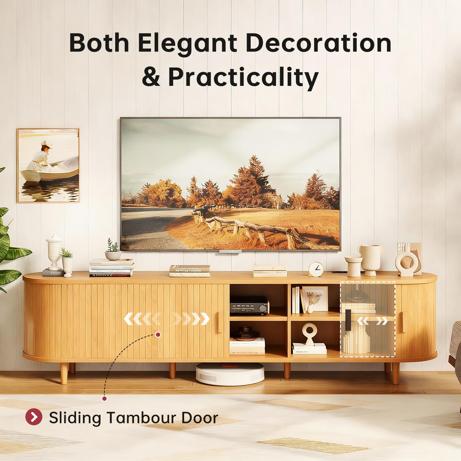 OneBlis 70" Mid Century Modern TV Stand, Wood TV Consoles with Sliding Doors and Power Outlet, Entertainment Center with Adjustable Shelves, Fluted TV Stands for Living Room, Walnut Gronata