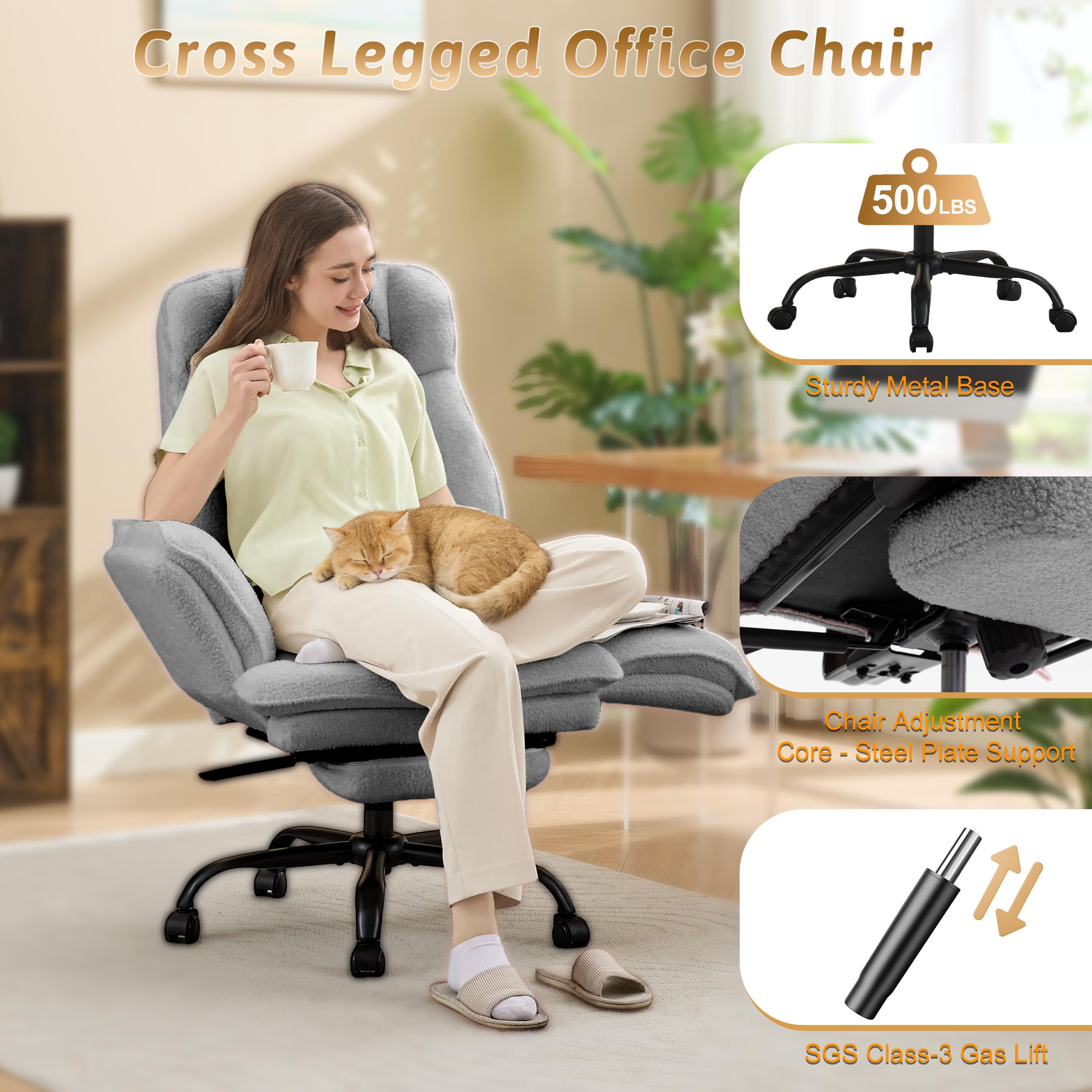 Office Chair,Big and Tall Heavy-Duty Executive Reclining Computer Gaming Chair with Footrest,Flip Armrests,Lumbar Pillow&Thicken Wider Seat for Criss Cross Legged Desk Vanity Chair,Teddy Fabric White Gronata