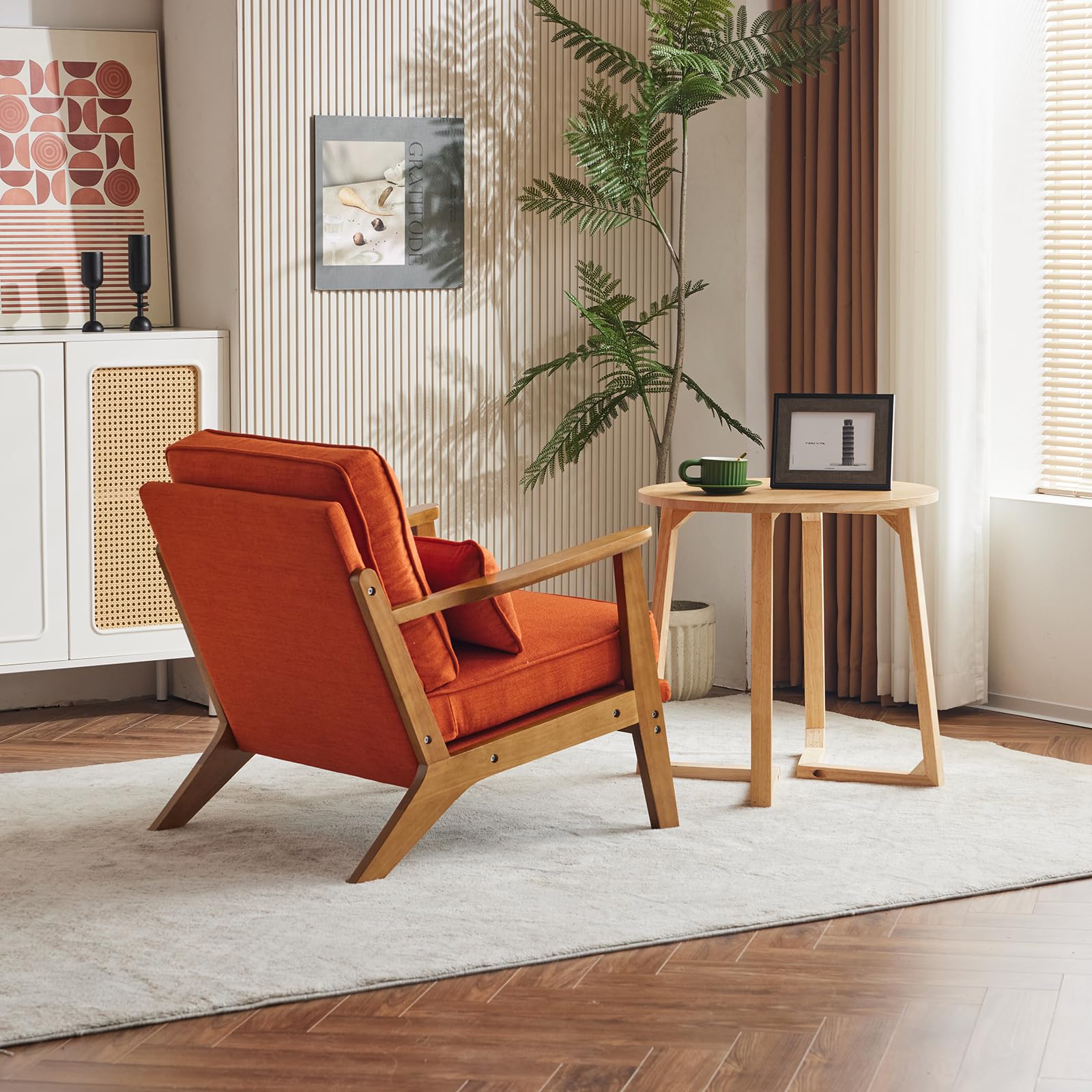 Karl home Accent Chair Wide Armrest Mid-Century Lounge Chair Linen Fabric Armchair with Lumbar Pillow & Solid Wood Frame for Living Room, Bedroom, Balcony, Green Gronata