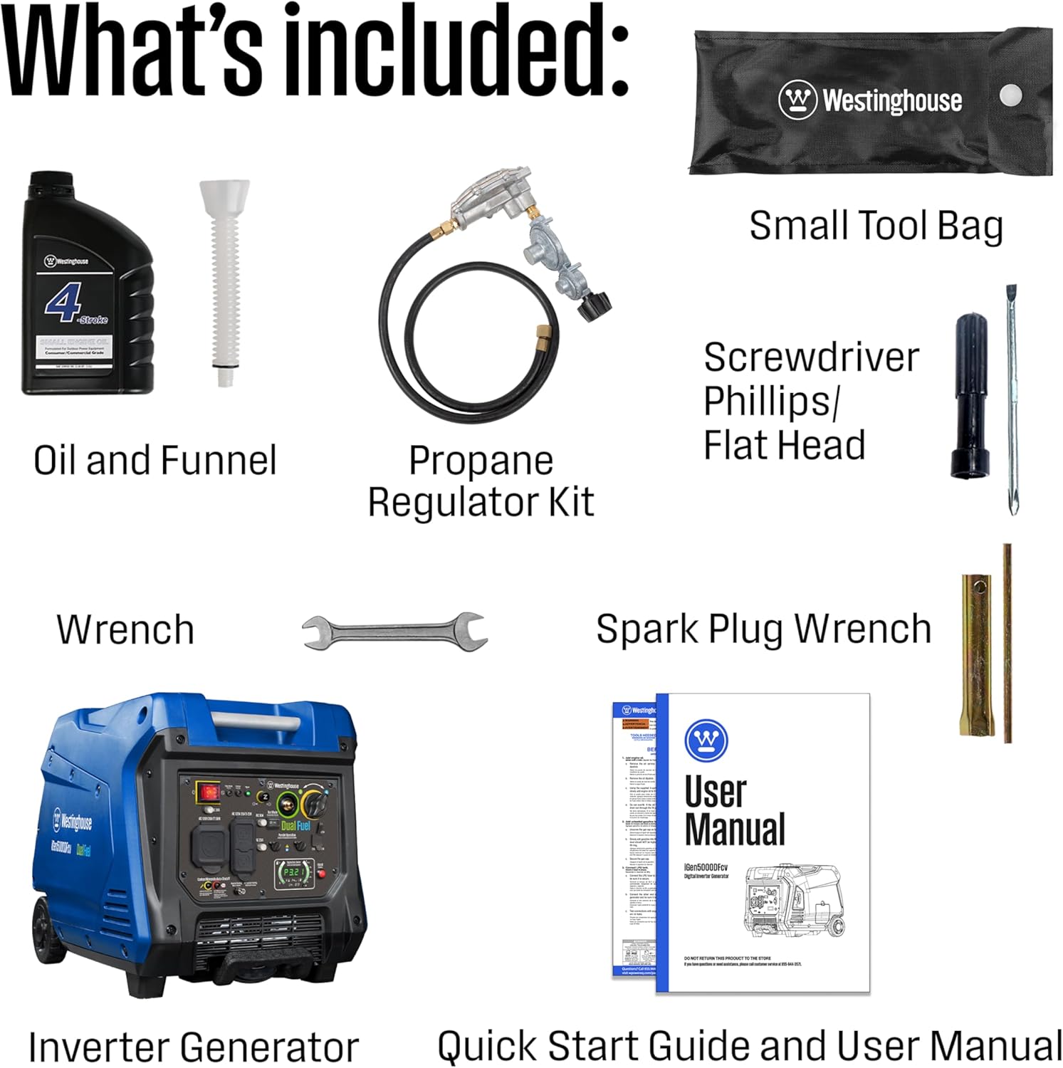 Westinghouse 5000 Peak Watt Super Quiet Dual Fuel Portable Inverter Generator, Wheel & Handle Kit, Gas & Propane Powered, RV Ready, CO Sensor, Parallel Capable Gronata