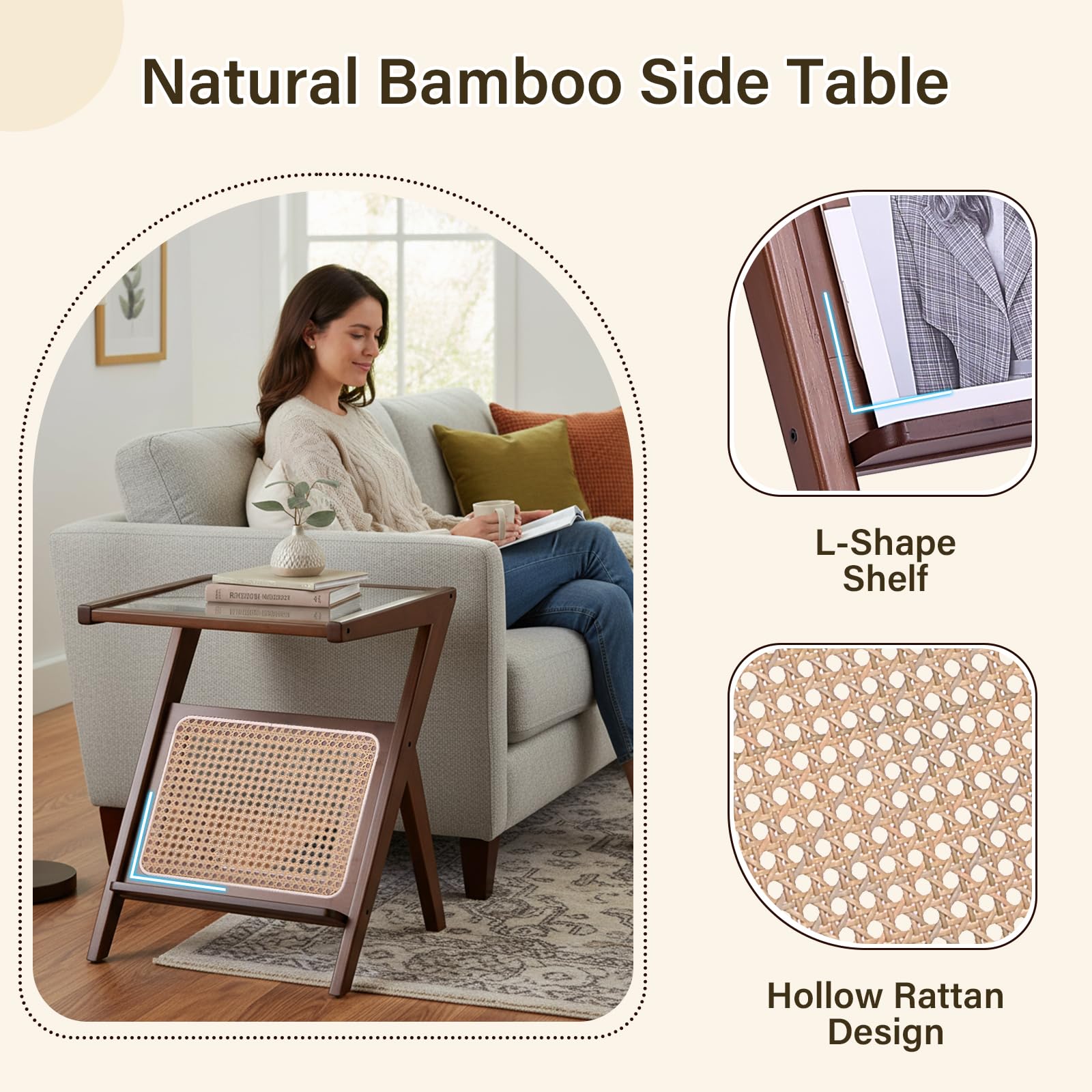 Tiita Rattan Coffee Table, Bamboo Accent Bedside Tables, Glass Nightstand Side Table, Boho Wooden End Table with Storage for Living Room,Living Room, Dining Room, Tea, Home Décor Gronata