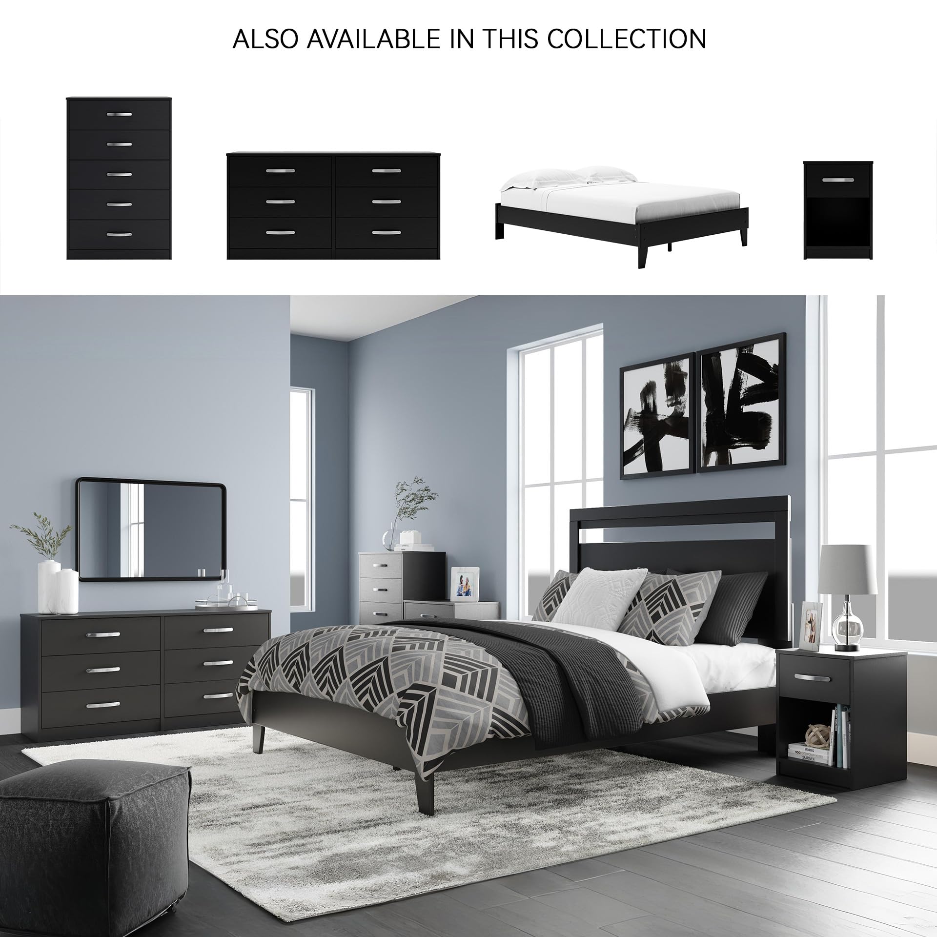 Signature Design by Ashley Finch Modern 6 Drawer Dresser with Ball-bearing Construction and Safety Stop, Black Gronata