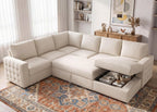 HONBAY Sectional Sleeper Sofa with Pull Out Bed U-Shape Sectional Couch Sleeper Bed with Storage Chaise 6 Seater Sleeper Sectional Sofa, Light Grey Gronata