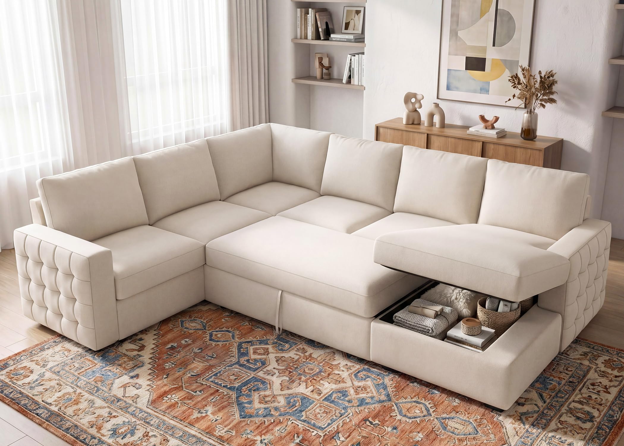 HONBAY Sectional Sleeper Sofa with Pull Out Bed U-Shape Sectional Couch Sleeper Bed with Storage Chaise 6 Seater Sleeper Sectional Sofa, Light Grey Gronata