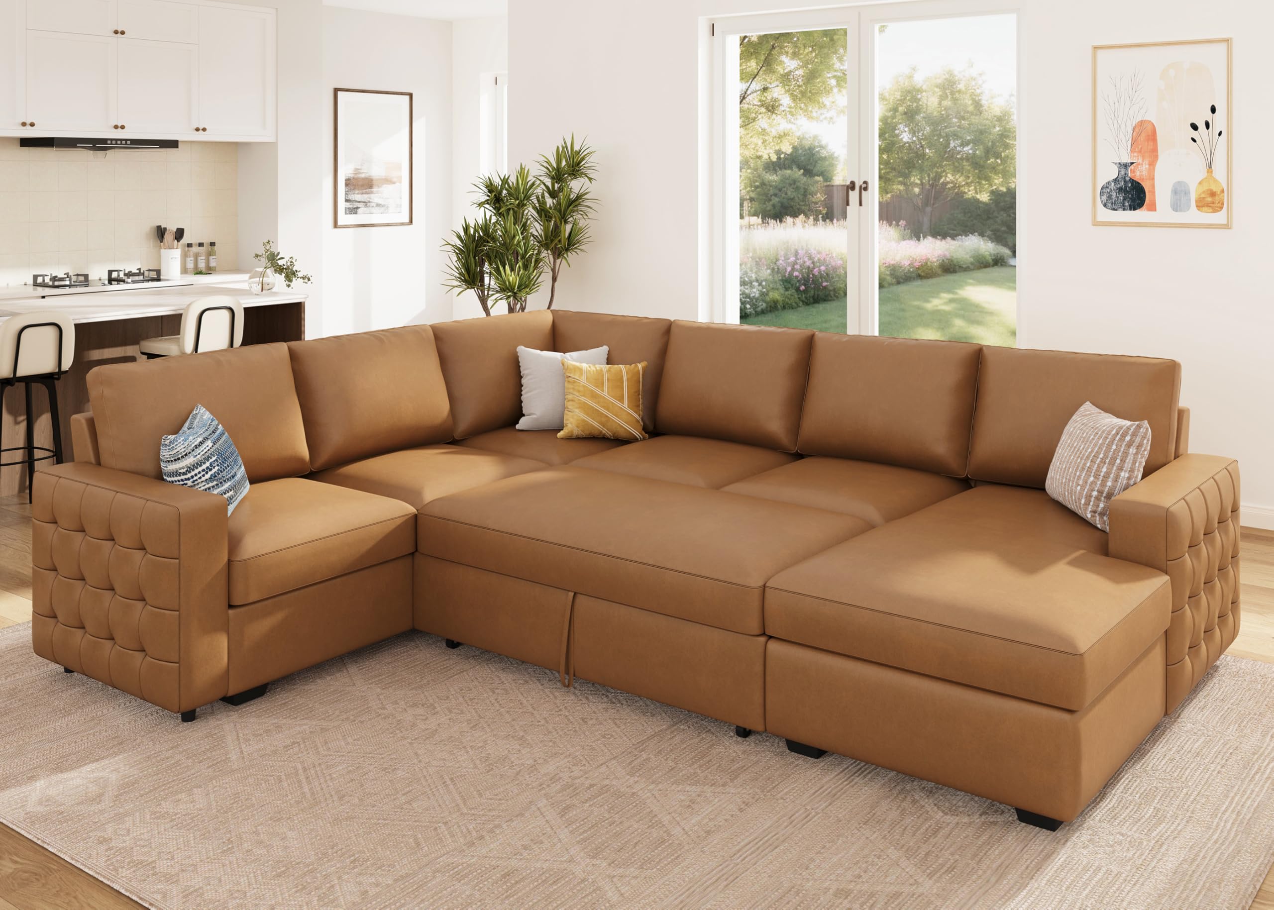 HONBAY Sectional Sleeper Sofa with Pull Out Bed U-Shape Sectional Couch Sleeper Bed with Storage Chaise 6 Seater Sleeper Sectional Sofa, Light Grey Gronata