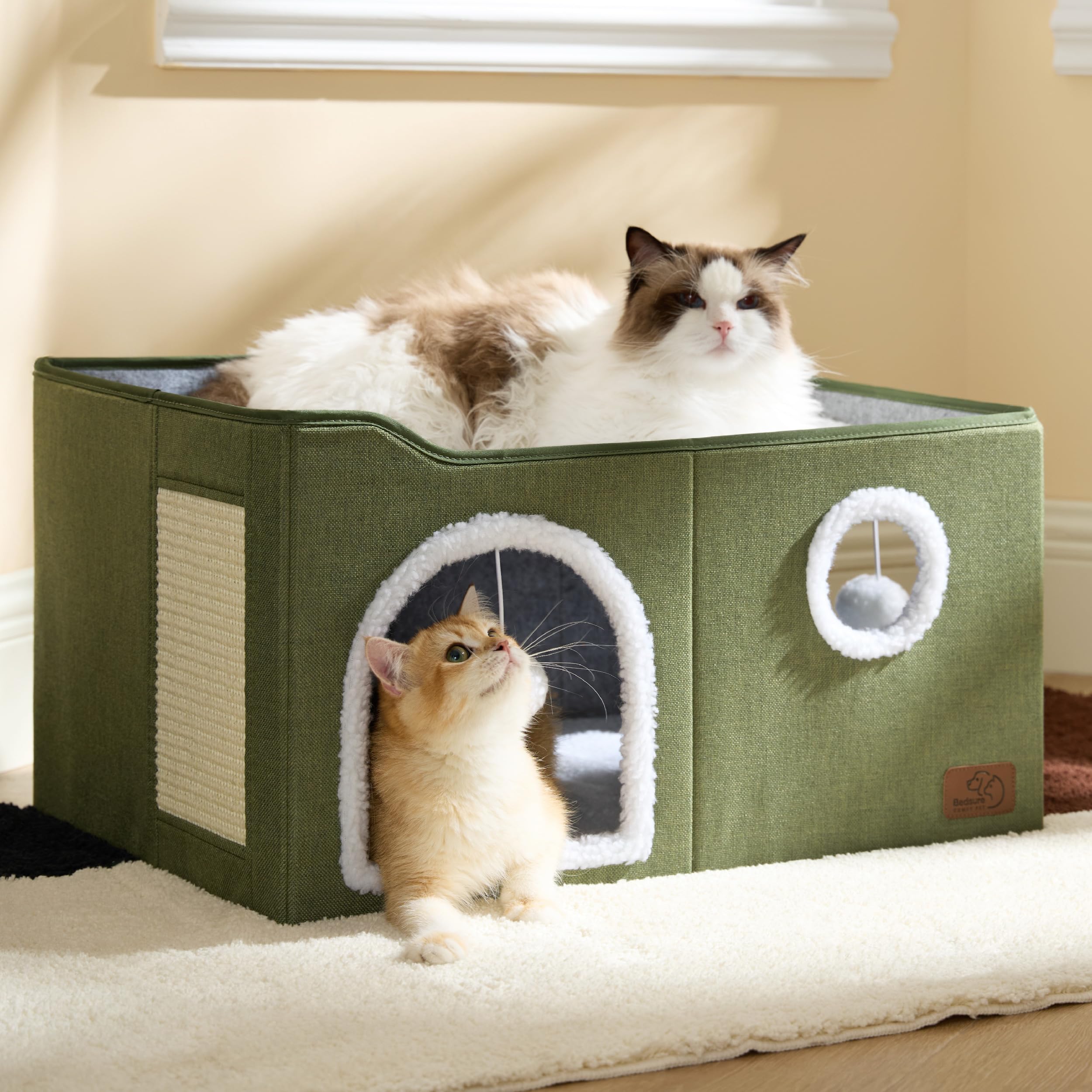 Bedsure Cat Beds for Indoor Cats - Large Cat Cave for Pet Cat House with Fluffy Ball Hanging and Scratch Pad, Foldable Cat Hideaway, 16.5x16.5x13 inches, Grey Gronata