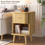 Decofy Fluted Nightstand Set of 2, Mid Century Modern Bedside Table with Charging Station, Walnut End Tables with Sliding Tambour Doors, Storage Cabinet and Open Shelf for Bedroom, Walnut Gronata