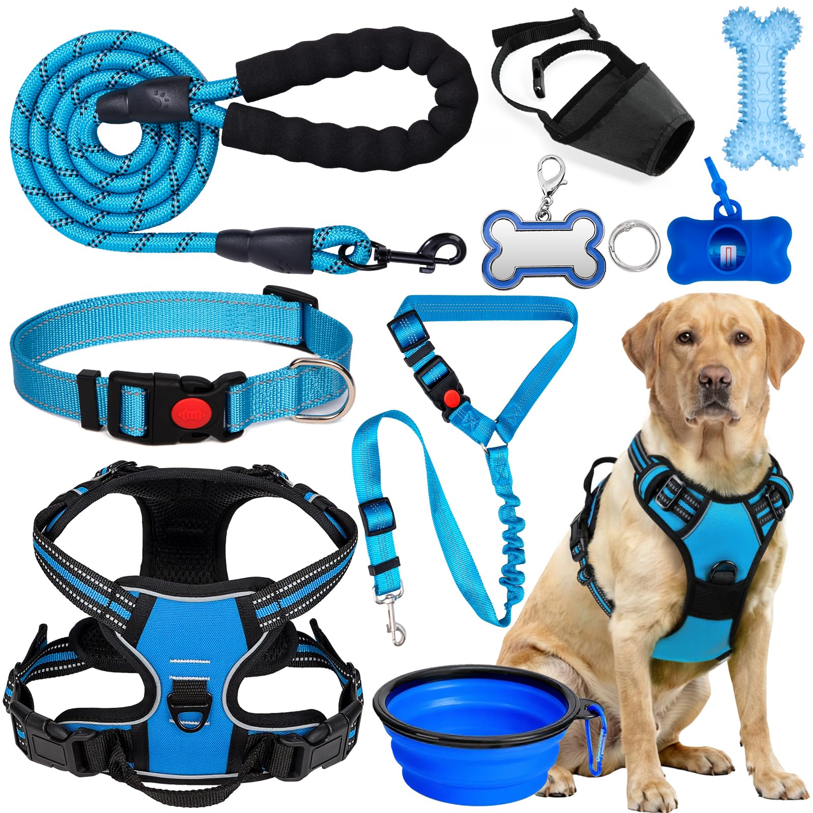 YXFDOYT No Pull Dog Harness Adjustable Collar & Leash Set - Dog Halter Harnesses Collapsible Bowls & Poop Bag Dispenser Muzzle ID Tags Toys Fits Small Medium Large Dogs (Pink-L) Gronata
