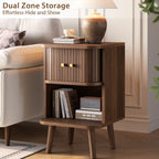 Decofy Fluted Nightstand Set of 2, Mid Century Modern Bedside Table with Charging Station, Walnut End Tables with Sliding Tambour Doors, Storage Cabinet and Open Shelf for Bedroom, Walnut Gronata