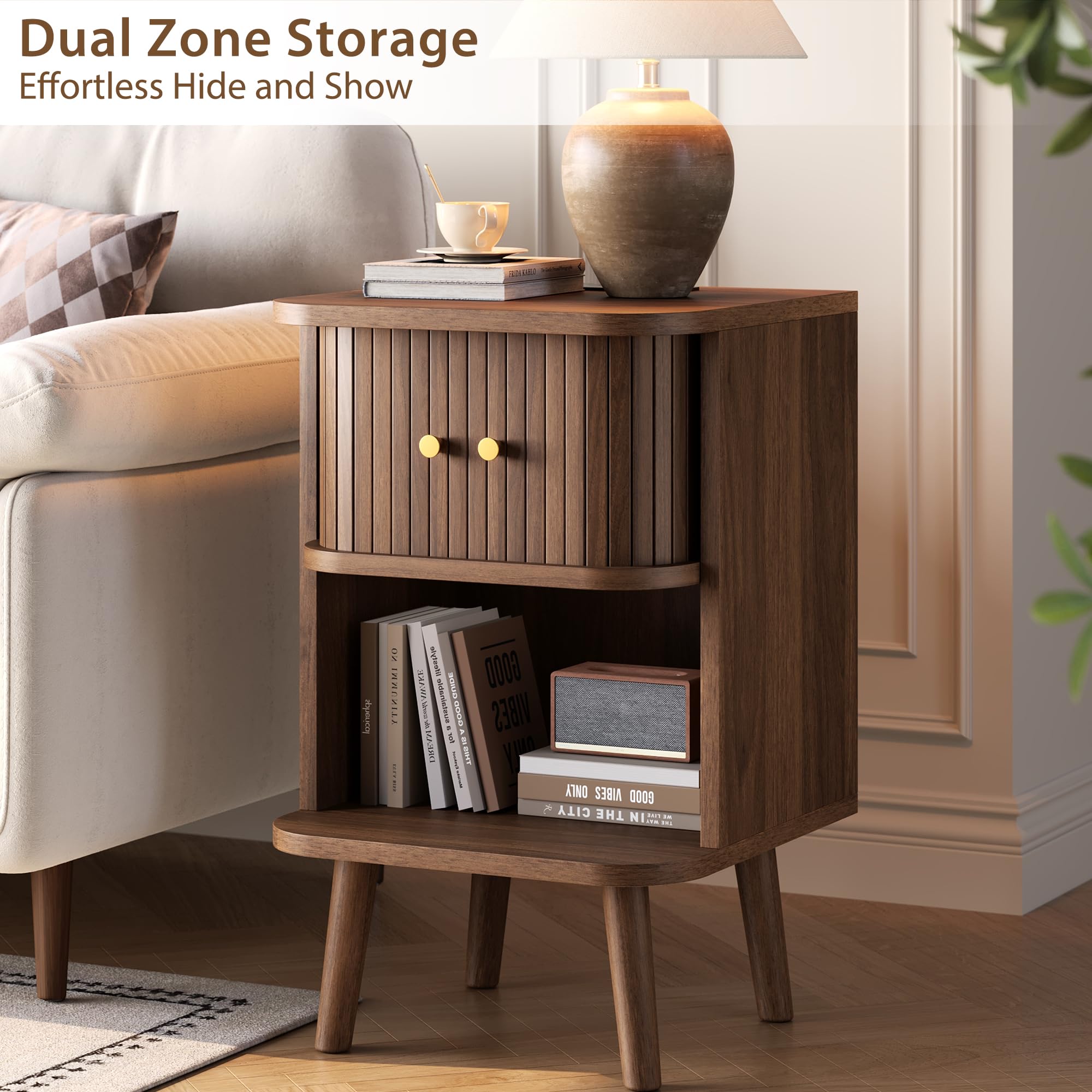 Decofy Fluted Nightstand Set of 2, Mid Century Modern Bedside Table with Charging Station, Walnut End Tables with Sliding Tambour Doors, Storage Cabinet and Open Shelf for Bedroom, Walnut Gronata