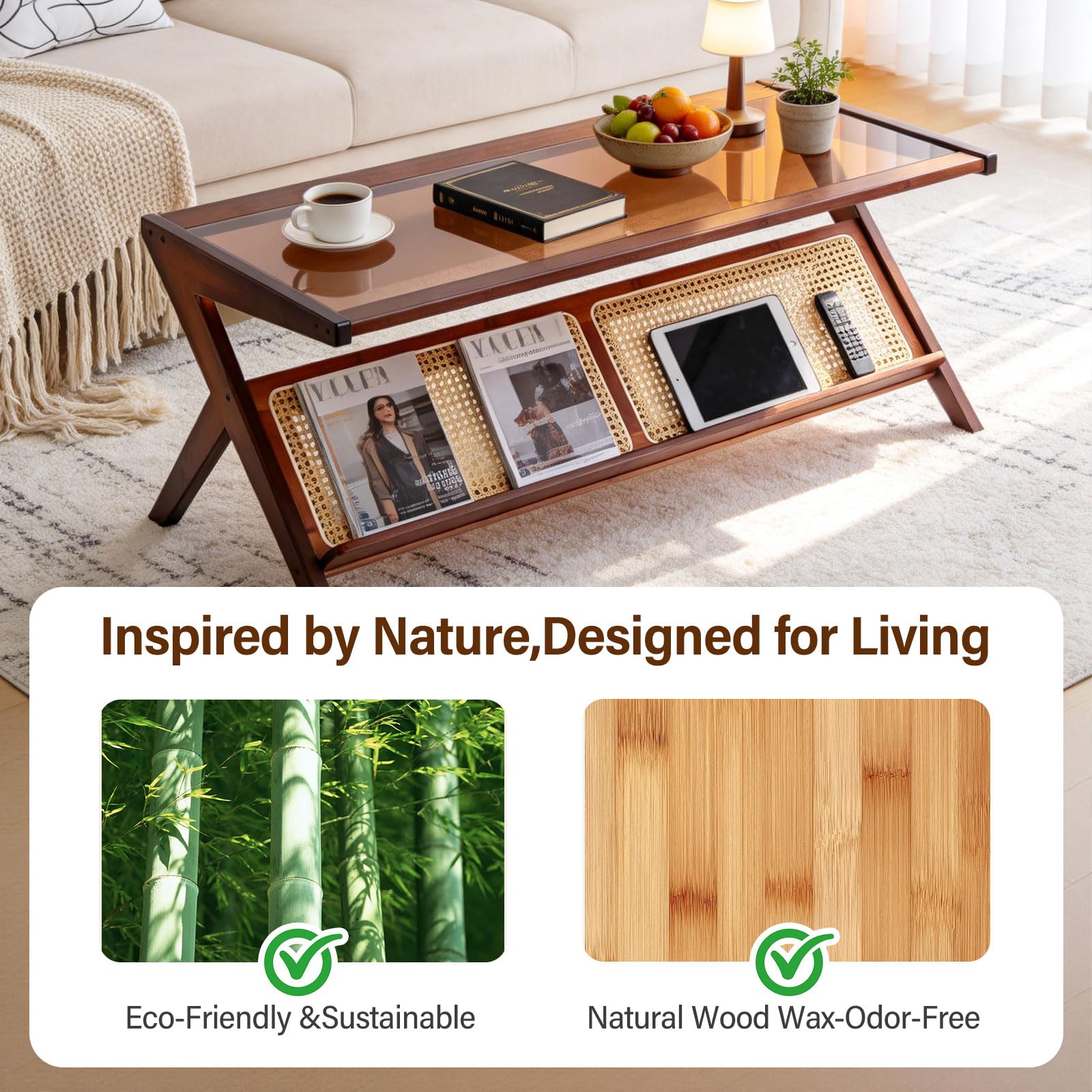 Tiita Rattan Coffee Table, Bamboo Accent Bedside Tables, Glass Nightstand Side Table, Boho Wooden End Table with Storage for Living Room,Living Room, Dining Room, Tea, Home Décor Gronata