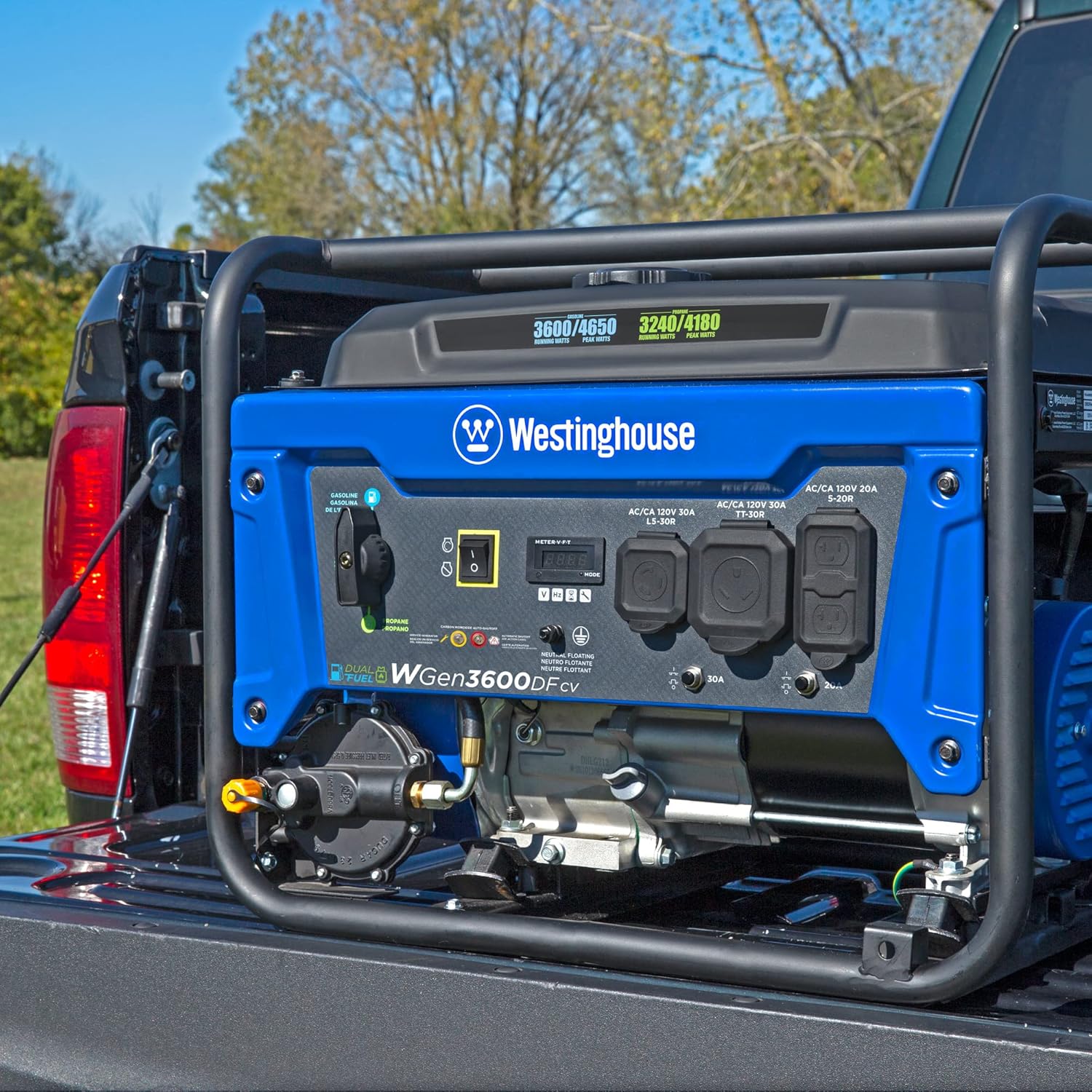 Westinghouse 4650 Peak Watt Dual Fuel Portable Generator, RV Ready 30A Outlet, Gas & Propane Powered, CO Sensor Gronata