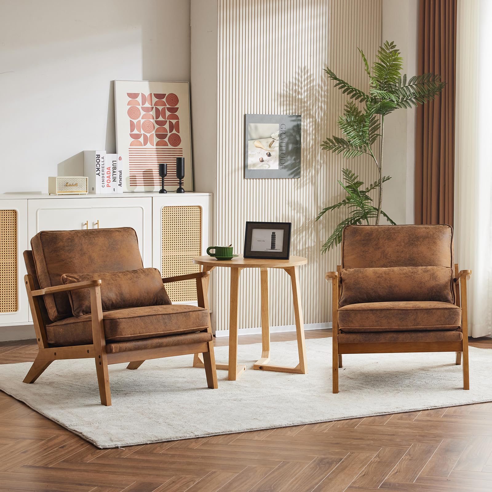 Karl home Accent Chair Wide Armrest Mid-Century Lounge Chair Linen Fabric Armchair with Lumbar Pillow & Solid Wood Frame for Living Room, Bedroom, Balcony, Green Gronata
