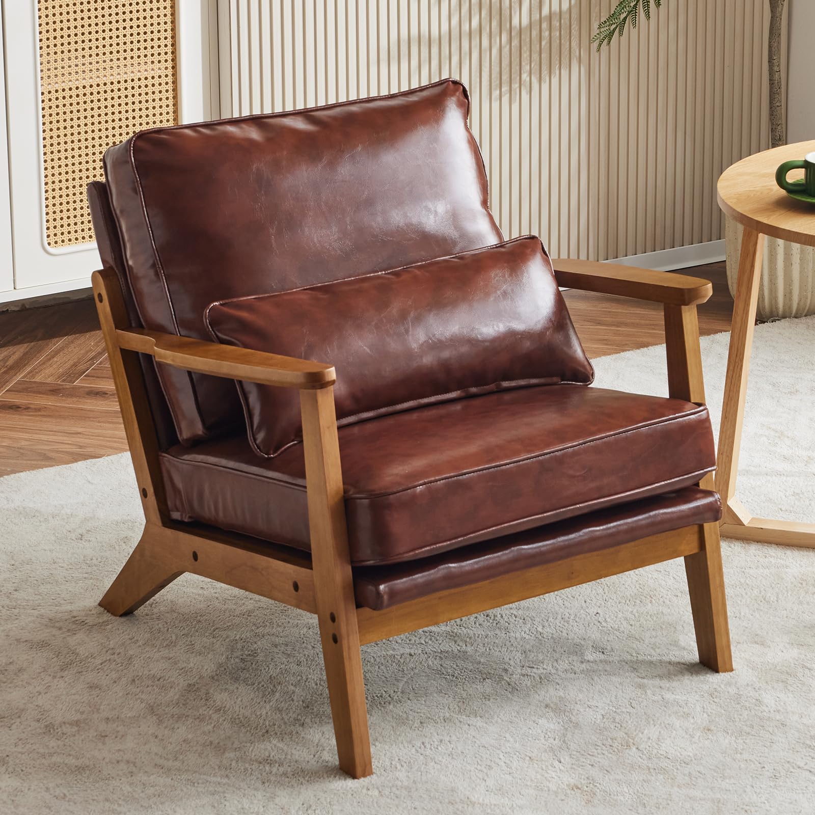 Karl home Accent Chair Wide Armrest Mid-Century Lounge Chair Linen Fabric Armchair with Lumbar Pillow & Solid Wood Frame for Living Room, Bedroom, Balcony, Green Gronata