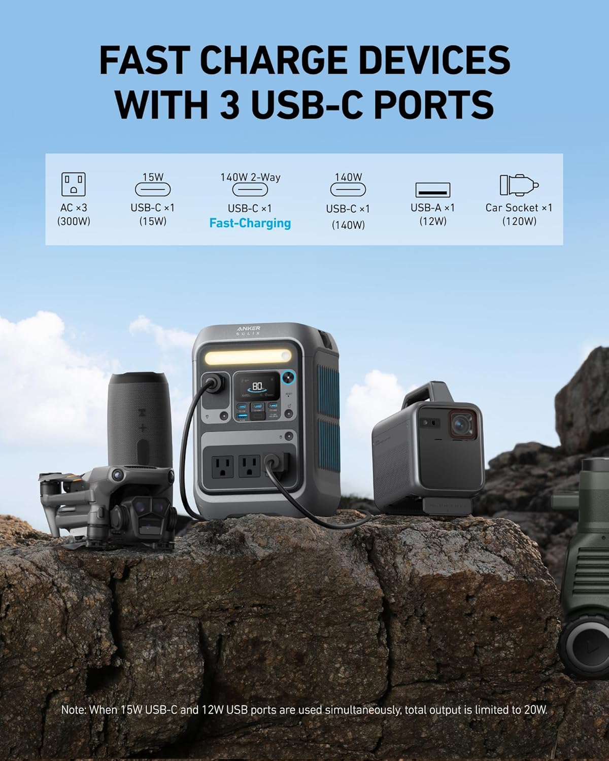 Anker Solar Generator SOLIX C300 with 60W Solar Panel, 288Wh Portable Power Station, 300W (600W Surge), LiFePO4 Battery, 140W Two-Way Fast Charging, for Outdoor Camping, Traveling, and Emergencies Gronata