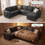 HONBAY Sectional Sleeper Sofa with Pull Out Bed U-Shape Sectional Couch Sleeper Bed with Storage Chaise 6 Seater Sleeper Sectional Sofa, Light Grey Gronata