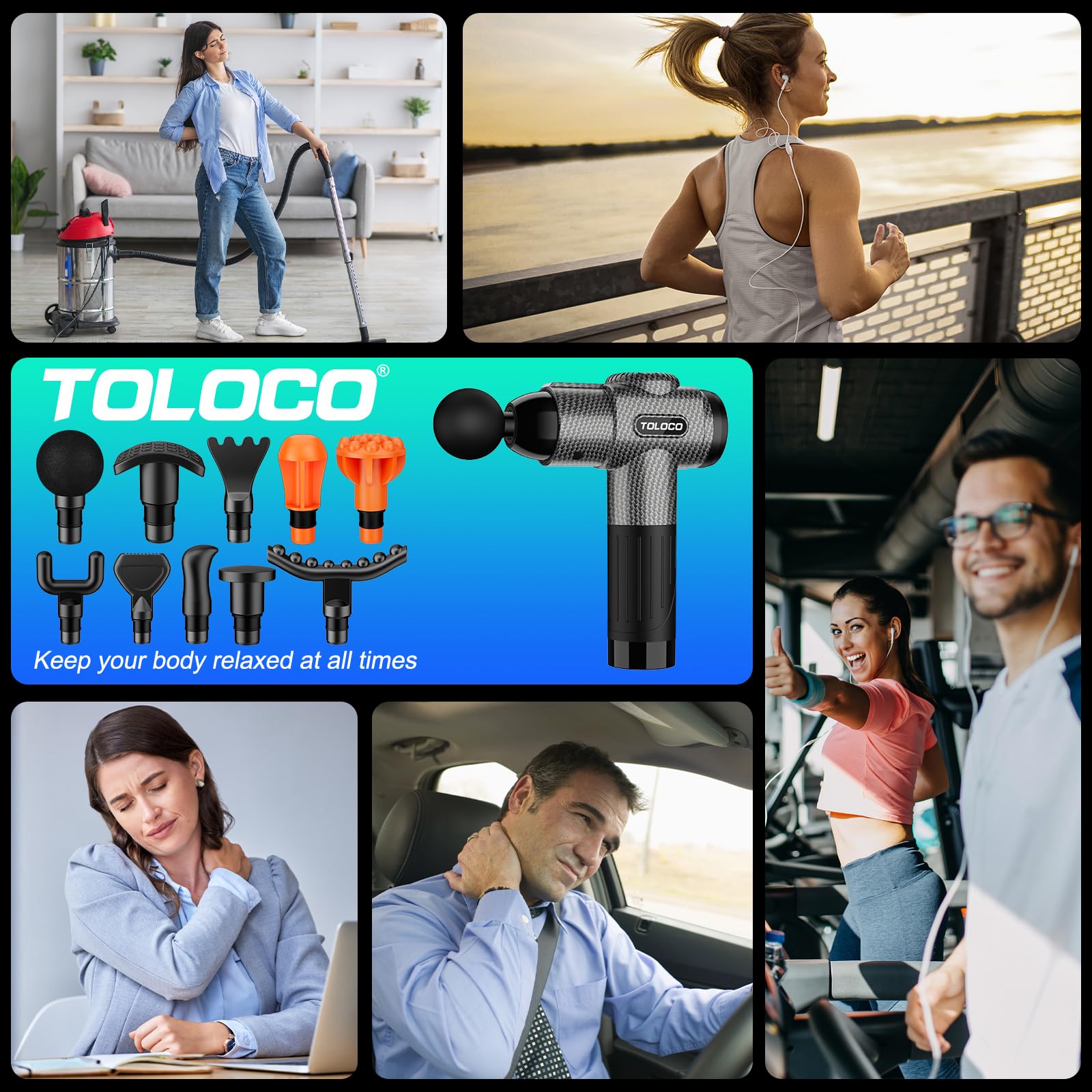 TOLOCO Massage Gun, Deep Tissue Back Massage for Athletes for Pain Relief, Percussion Massager with 10 Massages Heads & Silent Brushless Motor, Fathers Day Dad Gifts, Black Gronata