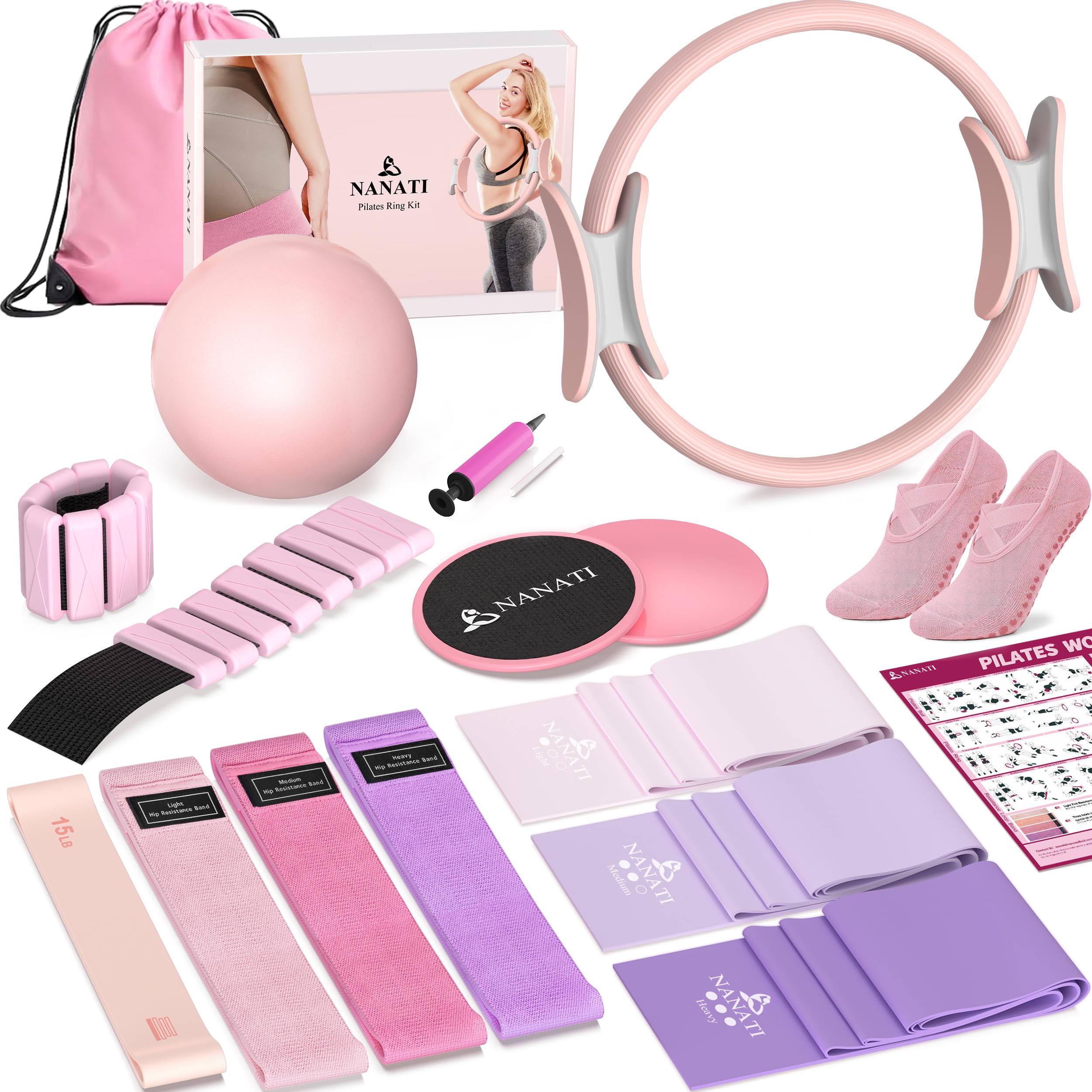 NANATI Pilates Kit 19PCS,Pilates Essentials Kit for Women,Pilates Equipment with 14.5" Pilates Ring and Ball,8 Resistance Bands,Ankle Weights,Sliders & Grip Socks Accessories for Starter Home Workouts Gronata