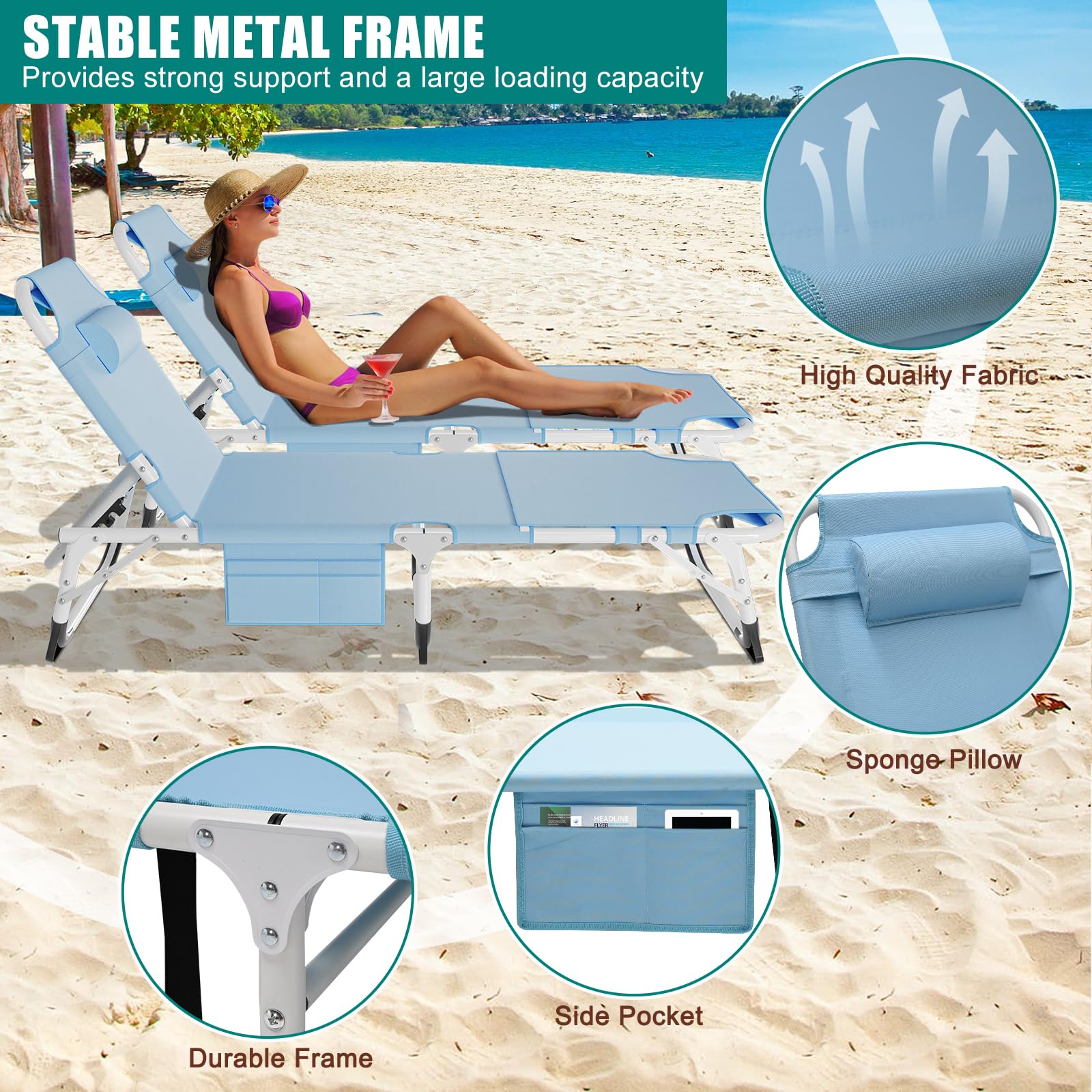 DoCred Heavy Duty Chaise Lounge Chair, Adjustable 5-Position Folding Chaise Lounge Chairs for Outside, Portable Lay Flat Beach Lounge Chair for Outdoor Sunbathing Beach Pool Lawn Camping Gronata