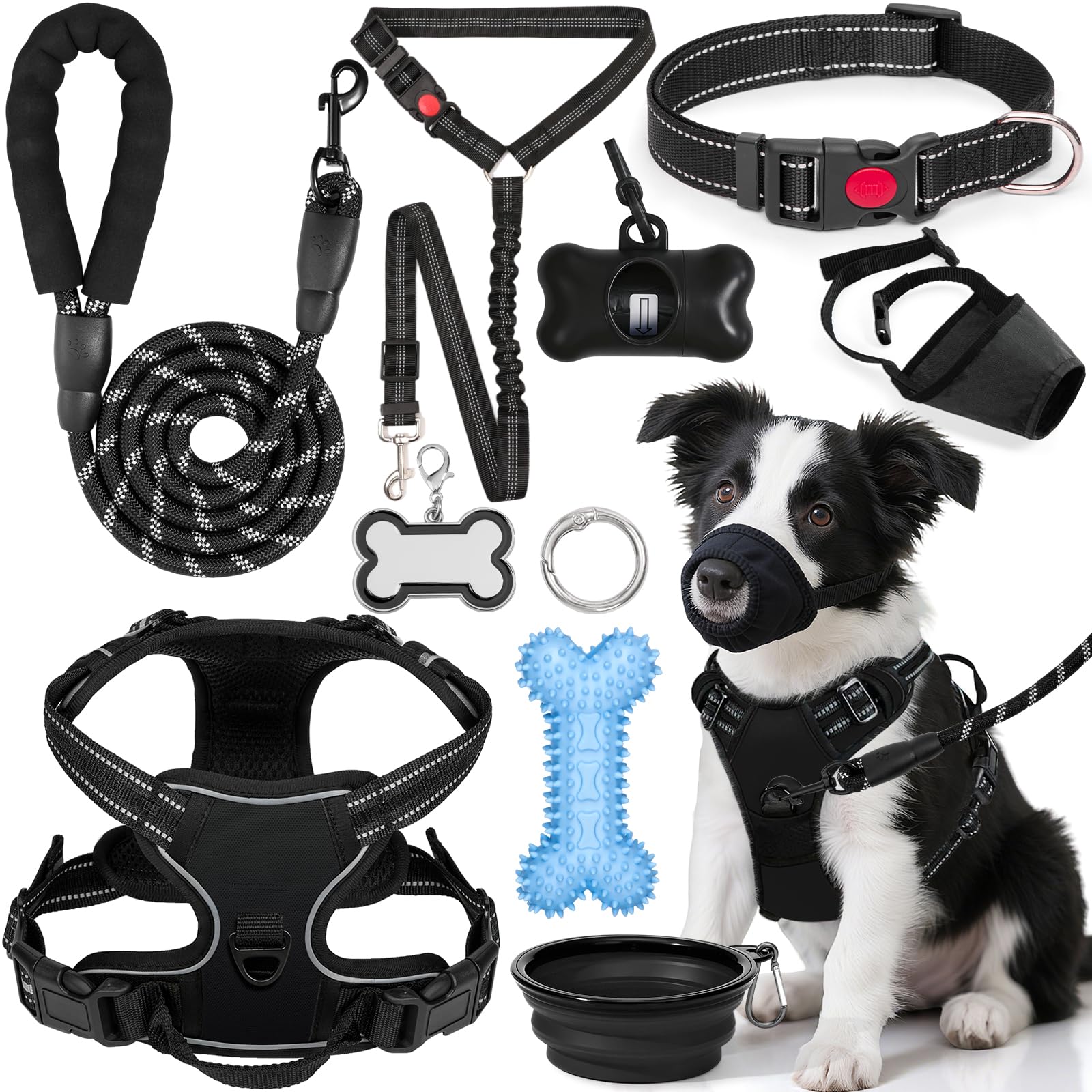 YXFDOYT No Pull Dog Harness Adjustable Collar & Leash Set - Dog Halter Harnesses Collapsible Bowls & Poop Bag Dispenser Muzzle ID Tags Toys Fits Small Medium Large Dogs (Pink-L) Gronata