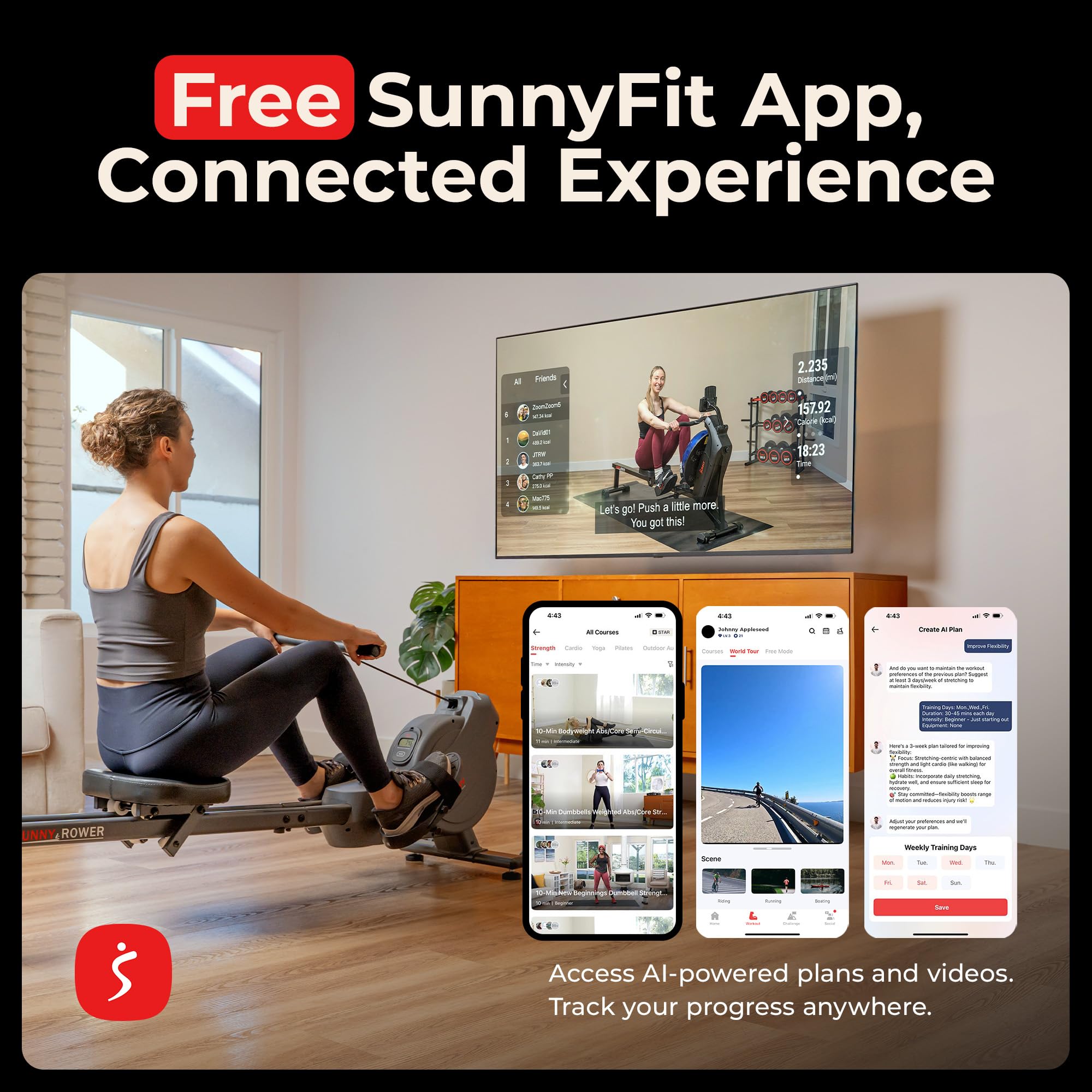 Sunny Health & Fitness Flip & Foldable Rowing Machine for Home w/Extended Slide Rail, Full-Body Workout, Low-Impact, Optional Extra Long Rail, Quiet Rail Cover, Water Motion and Free SunnyFit App Gronata