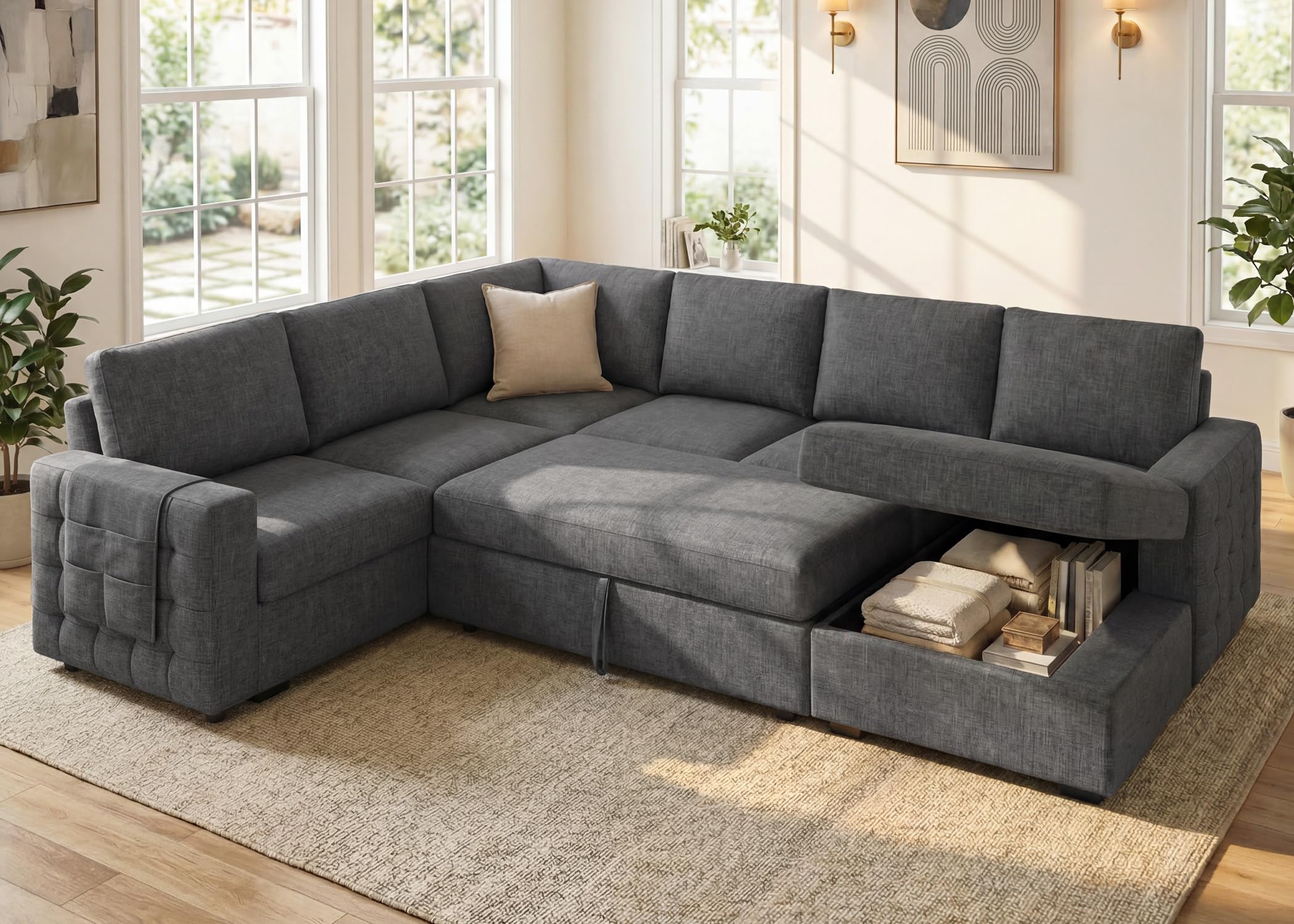 HONBAY Sectional Sleeper Sofa with Pull Out Bed U-Shape Sectional Couch Sleeper Bed with Storage Chaise 6 Seater Sleeper Sectional Sofa, Light Grey Gronata