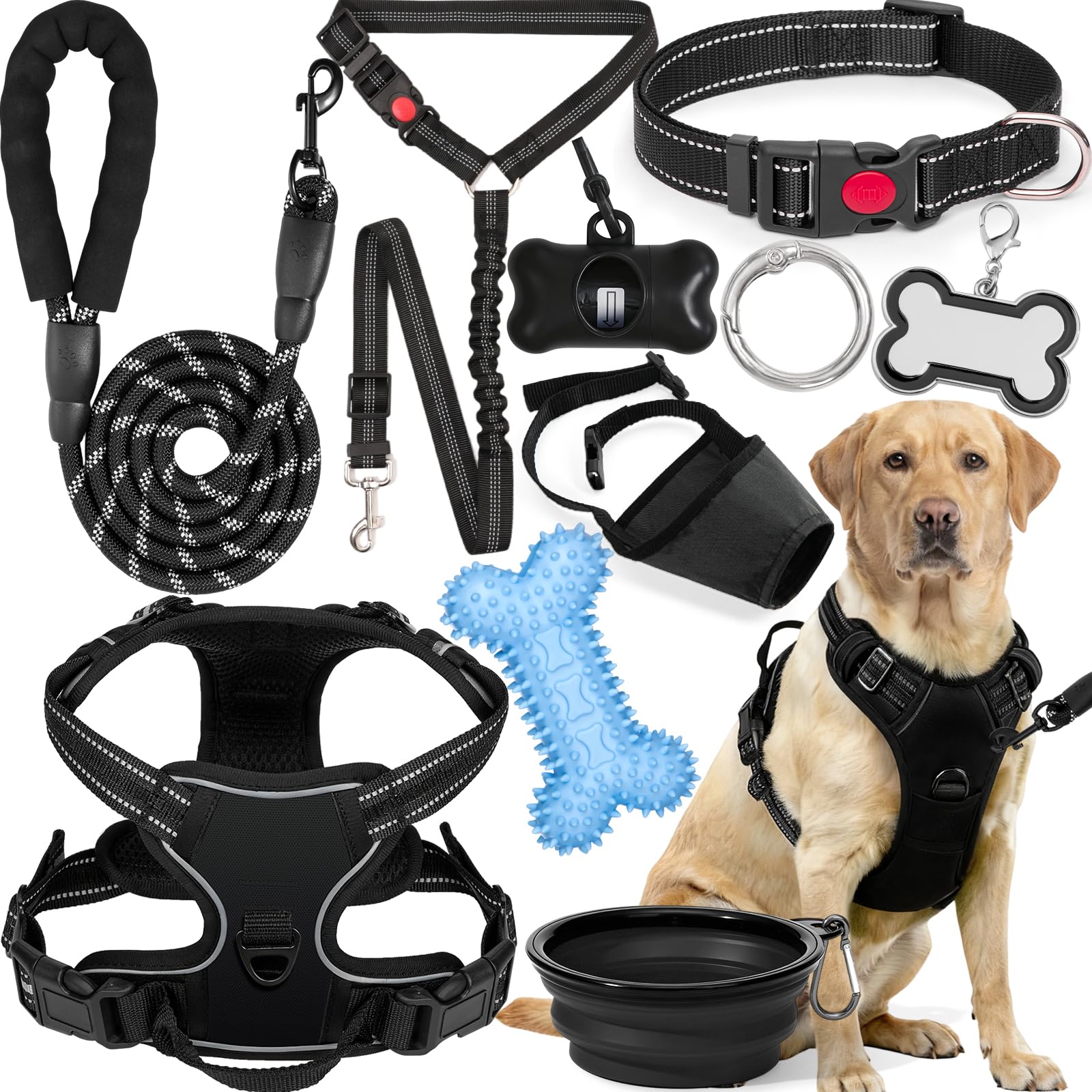 YXFDOYT No Pull Dog Harness Adjustable Collar & Leash Set - Dog Halter Harnesses Collapsible Bowls & Poop Bag Dispenser Muzzle ID Tags Toys Fits Small Medium Large Dogs (Pink-L) Gronata