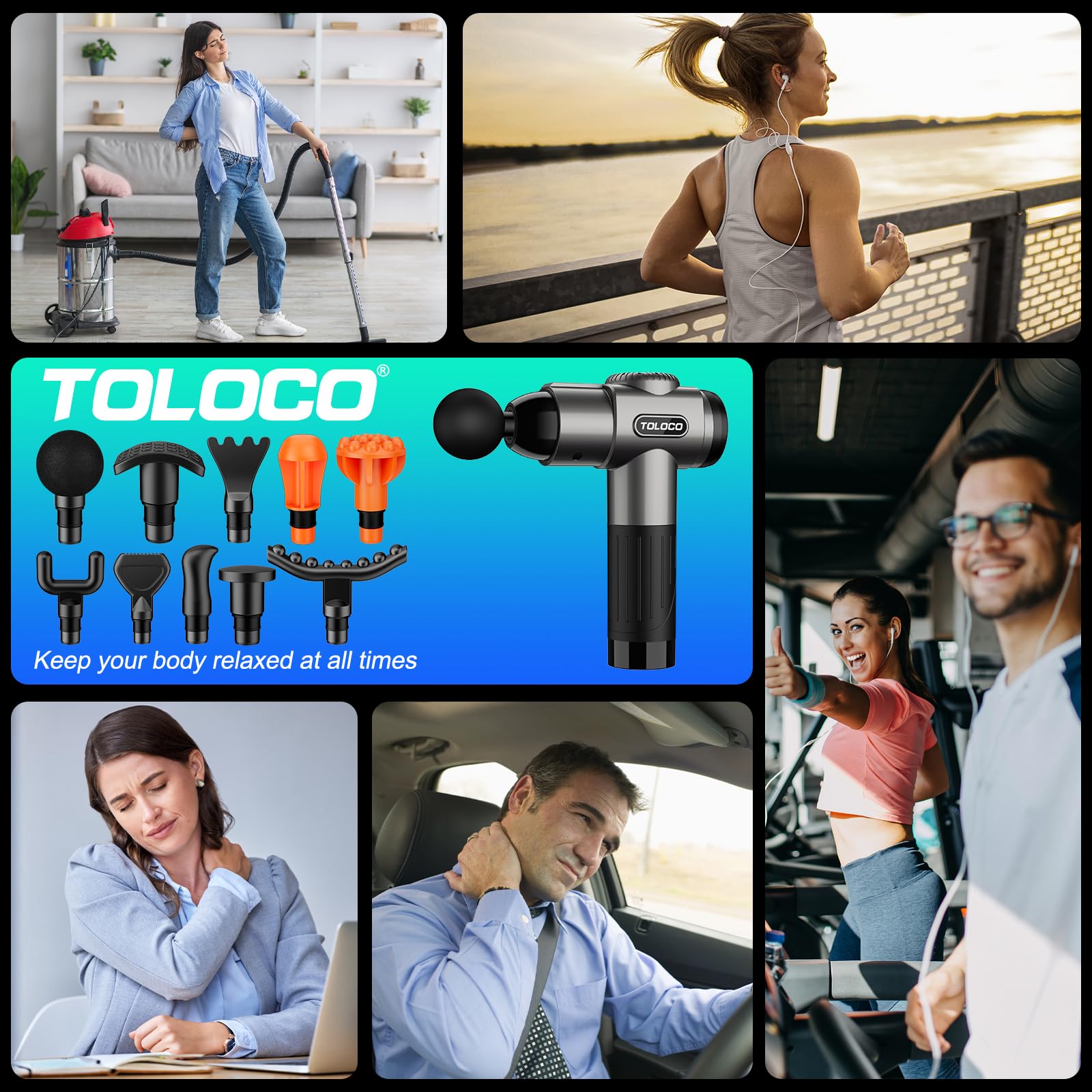 TOLOCO Massage Gun, Deep Tissue Back Massage for Athletes for Pain Relief, Percussion Massager with 10 Massages Heads & Silent Brushless Motor, Fathers Day Dad Gifts, Black Gronata